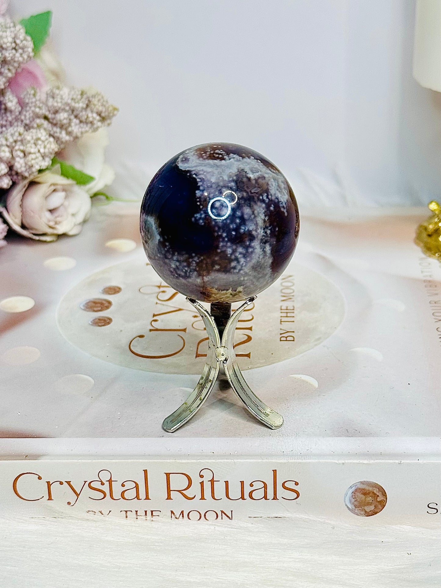 Blue Flower Agate Sphere on Stand 102g