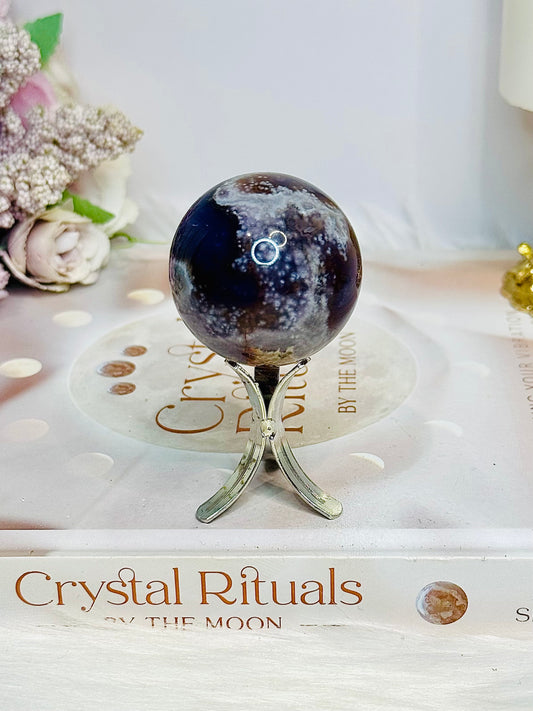 Blue Flower Agate Sphere on Stand 102g