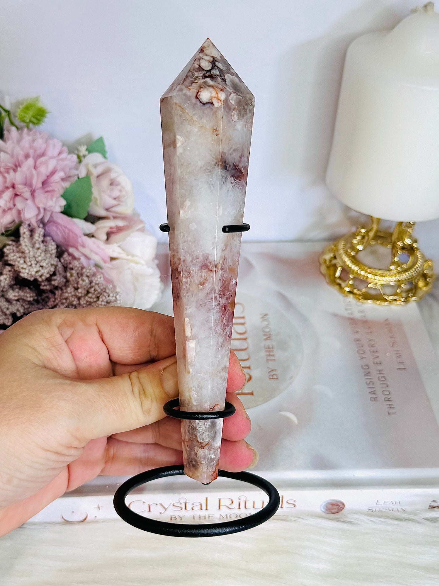 Stunning Cherry Blossom Agate Carves Wand | Tower On Stand 17cm (Inc Stand )