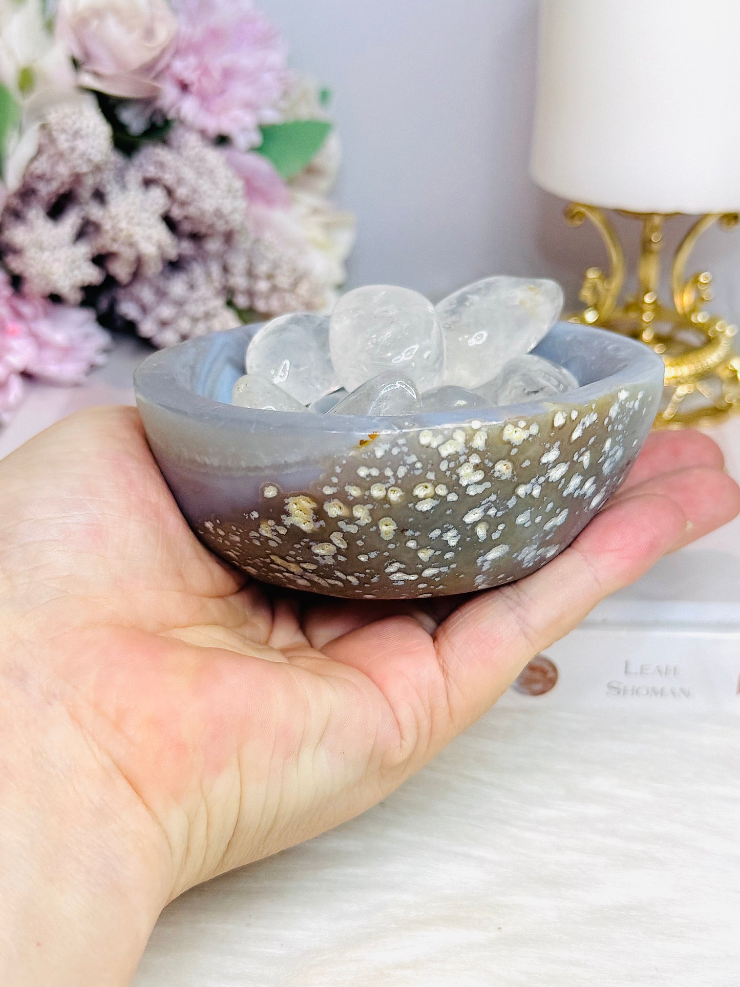 Natural Agate Carved Bowl Filled with Clear Quartz Tumbles 443g
