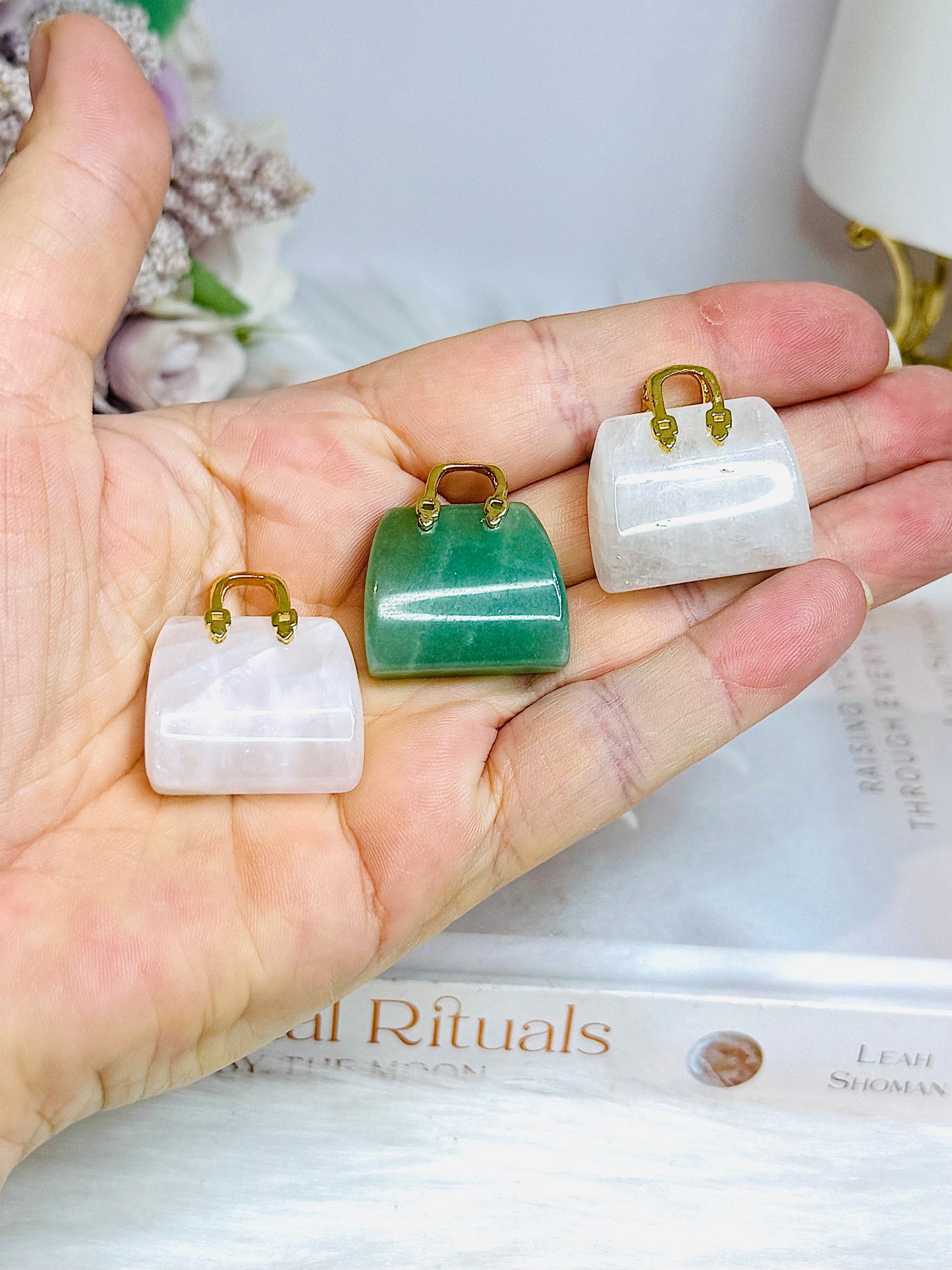 Set of 3 Carved Handbags ~ Rose Quartz, Clear Quartz & Aventurine