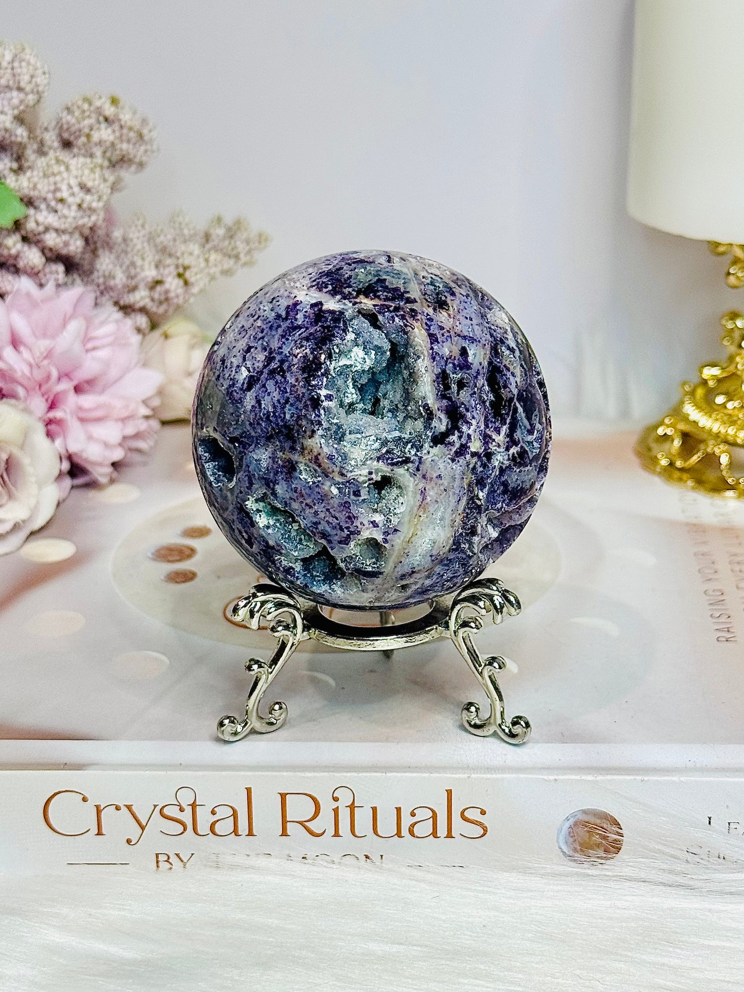 Natural Purple Fluorite X Sphalerite Druzy Sphere on Stand 306g