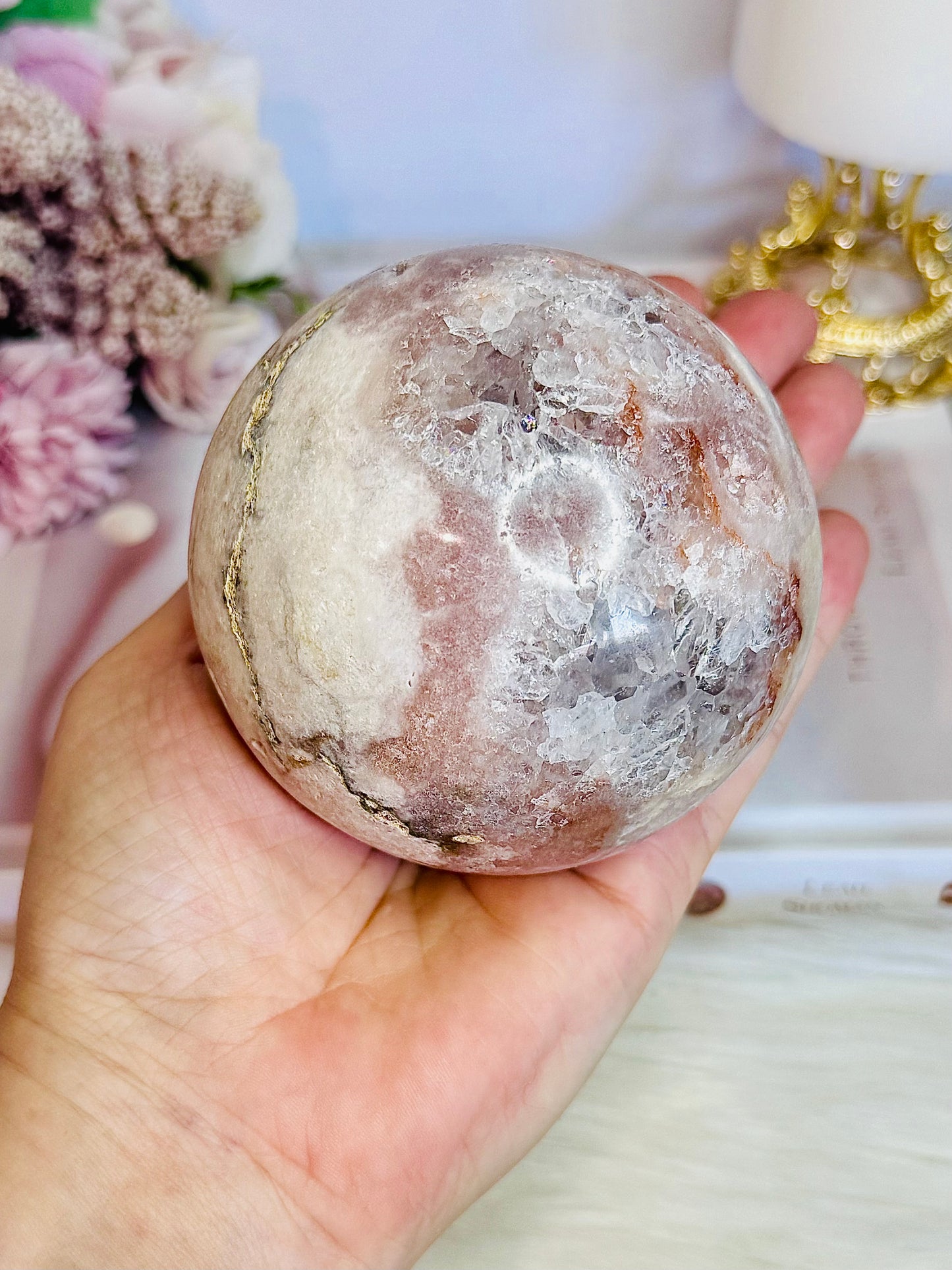 Classy & Fabulous High Grade Pink Amethyst Druzy Sphere On Stand From Brazil 702grams