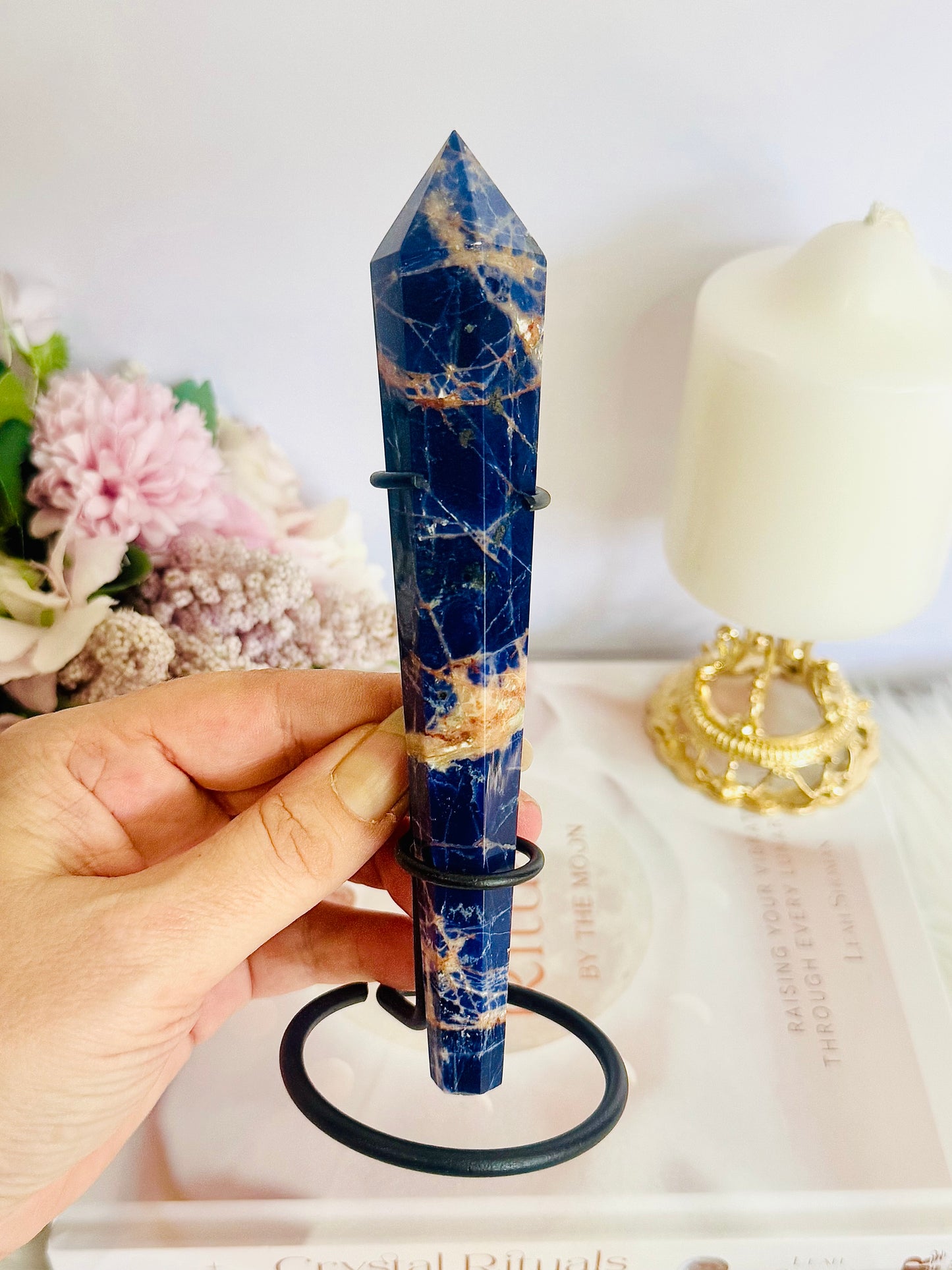 Sodalite Carved Wand | Tower on Stand 17cm