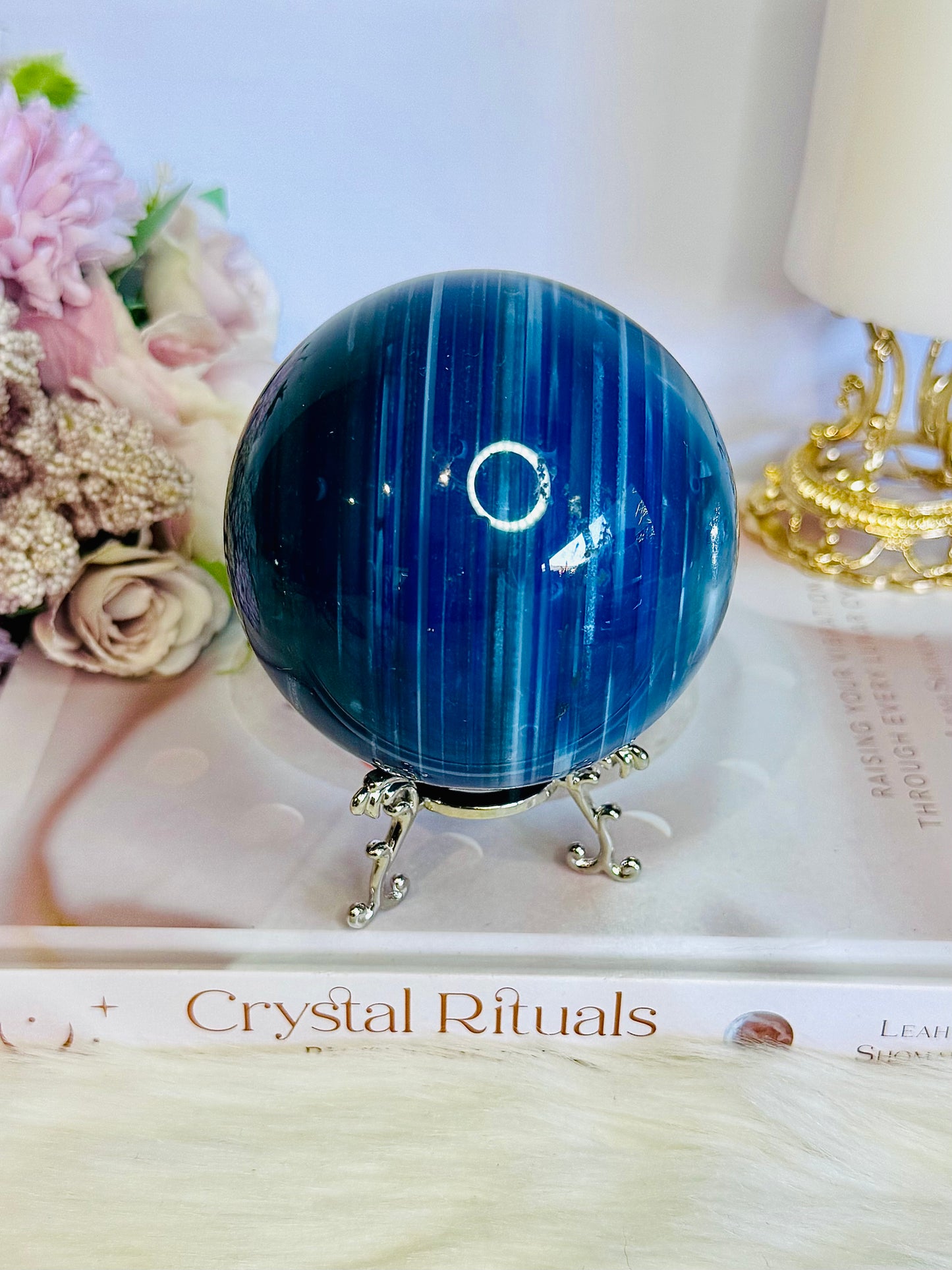 Gorgeous Large 702gram Blue Agate (dyed) Sphere On Stand