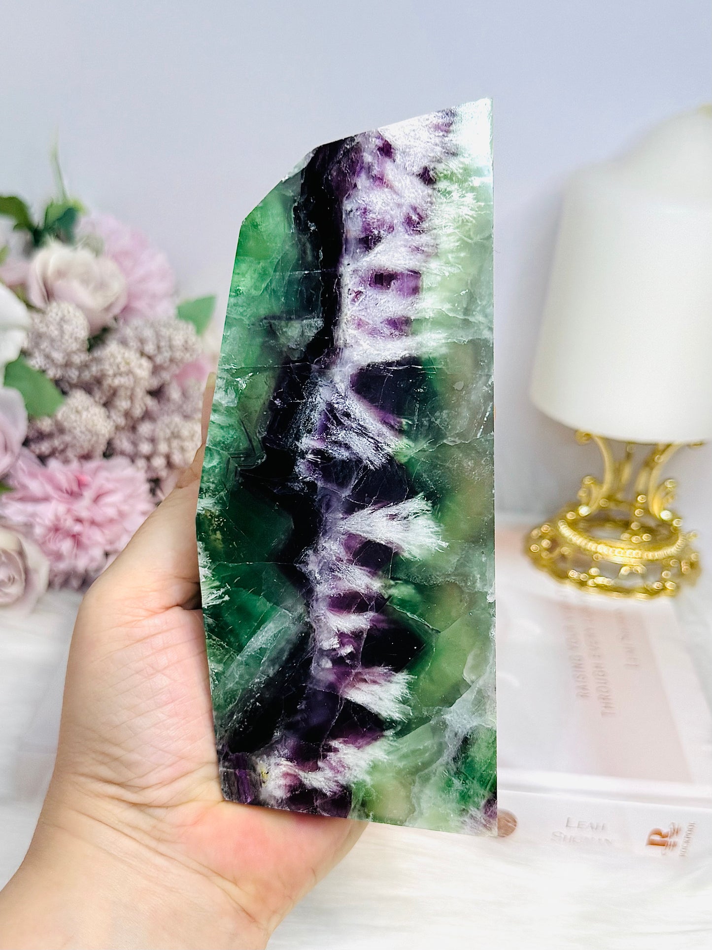 High Grade Rainbow Feather Fluorite Thick Slab 15cm