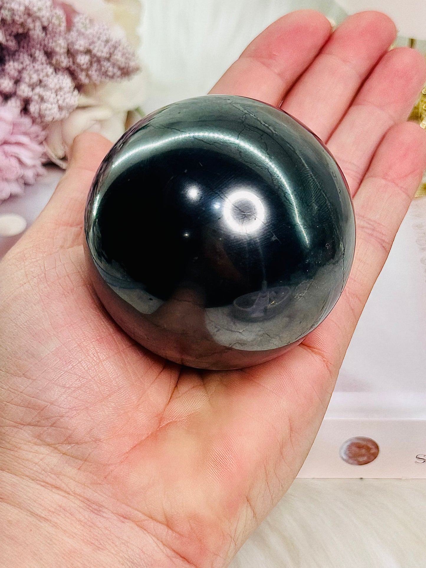 ⚜️ SALE ⚜️ Absolutely Gorgeous 338gram Polished Shungite Sphere On Stand