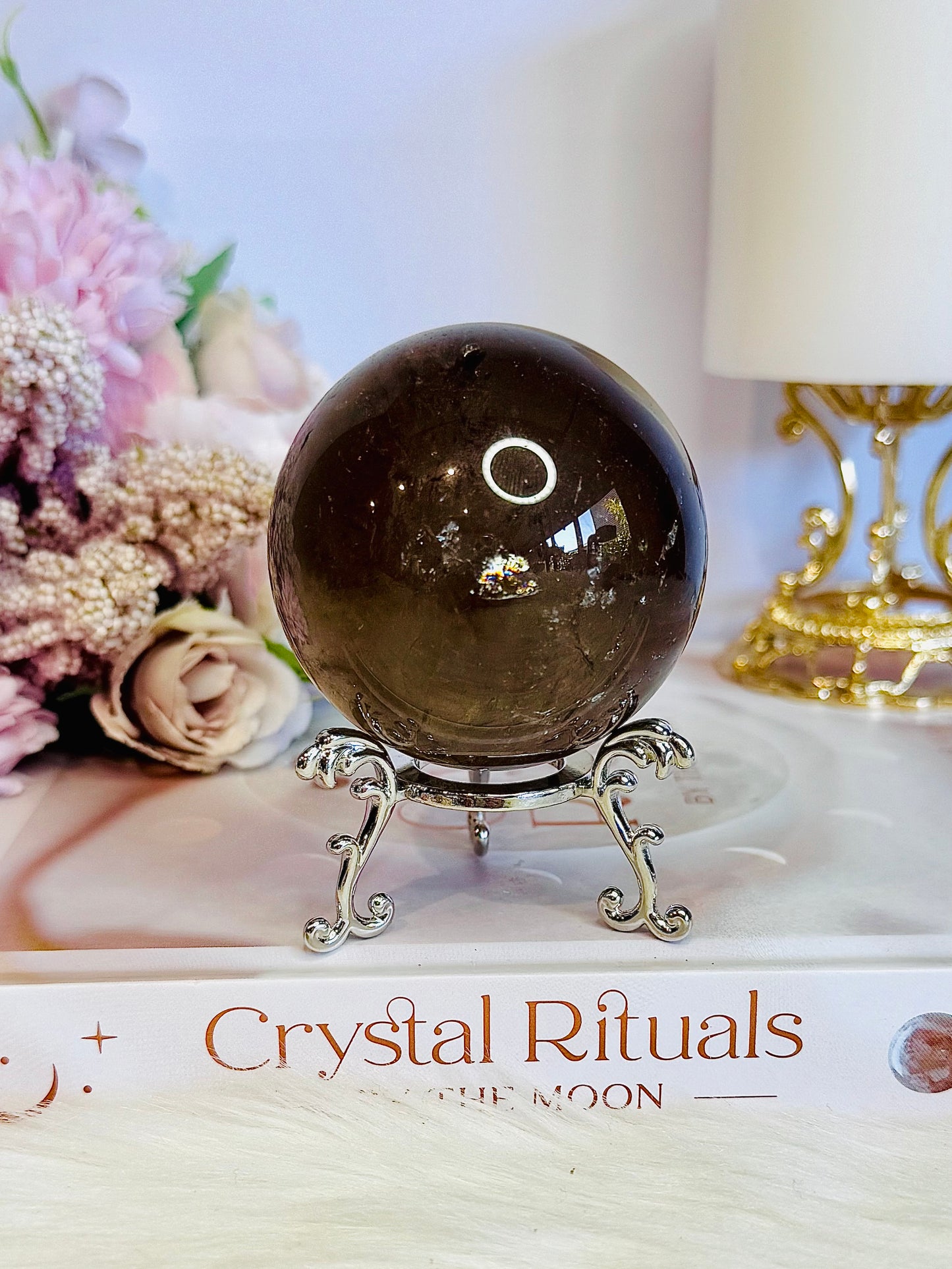 Beautiful 265gram Smokey Quartz Sphere with Rainbow on Stand