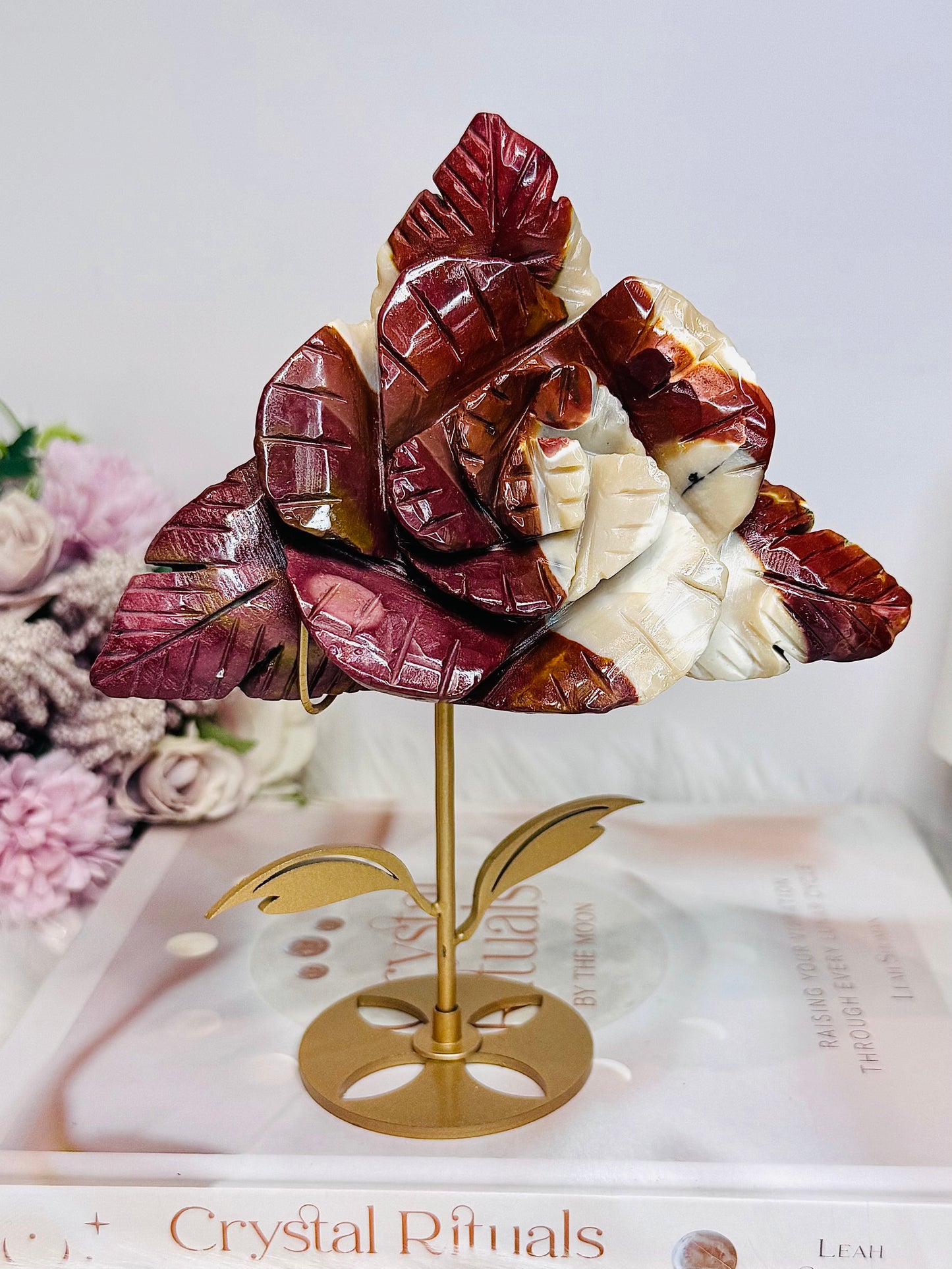 Large Mookaite Jasper Carved Flower on Stand 18cm 428g