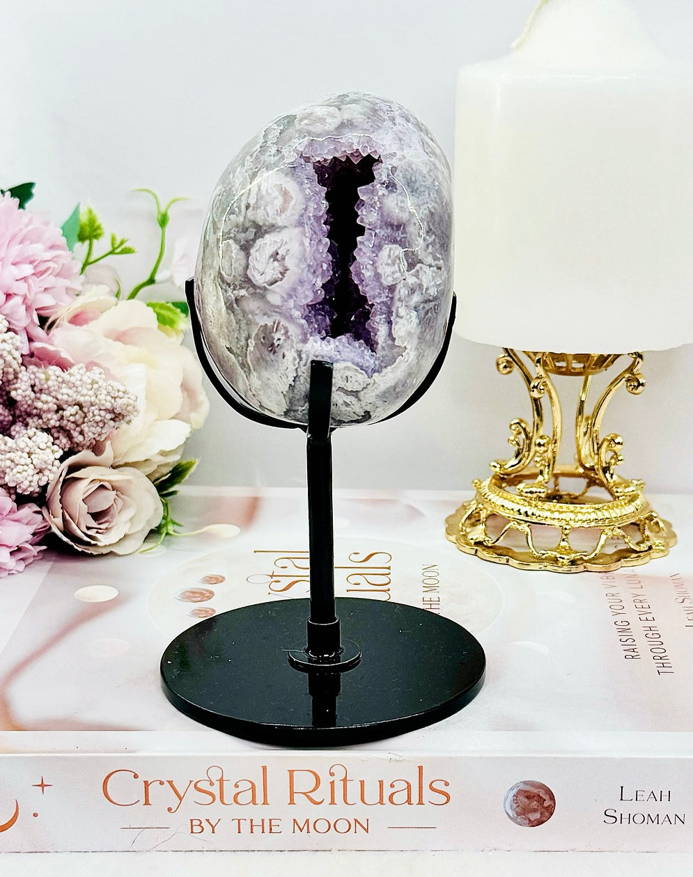 High Grade 14.5cm Druzy Pink Amethyst Freeform | Egg On Stand 558grams