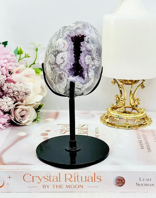 High Grade 14.5cm Druzy Pink Amethyst Freeform | Egg On Stand 558grams