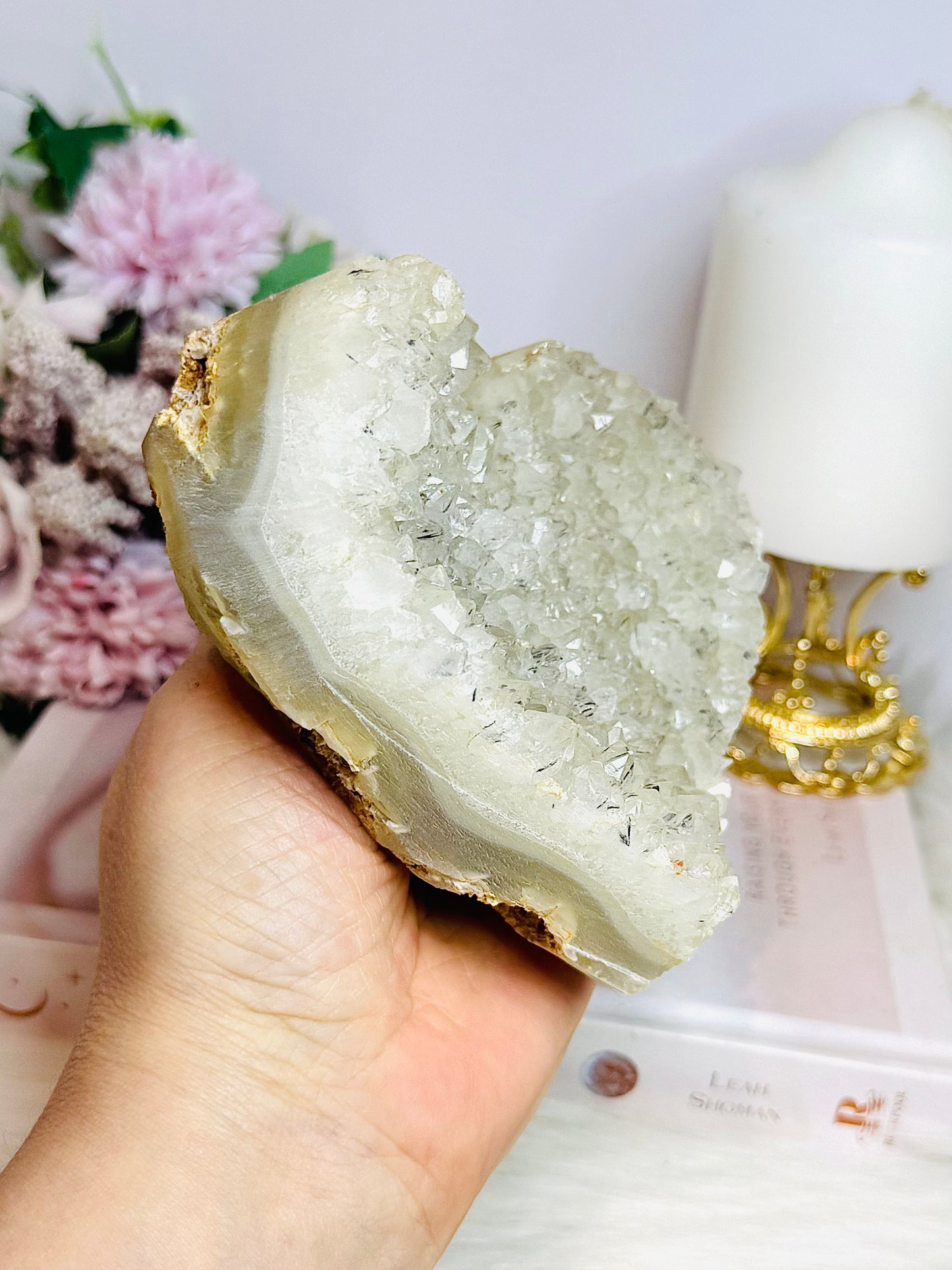 Large Quartz Cluster Carved Heart with Black Tourmaline Inclusions 12cm 801g