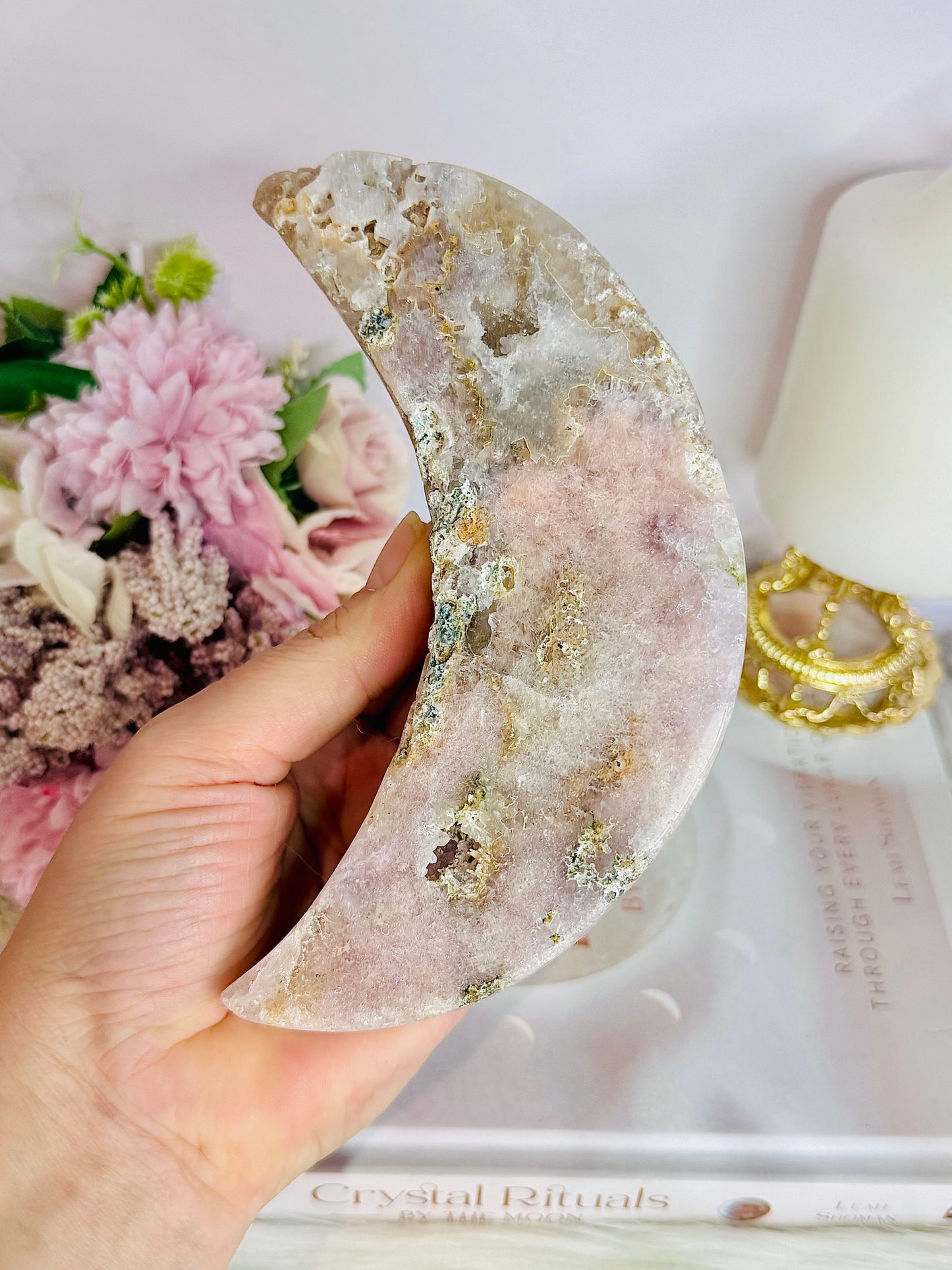 Stunning Large Chunky 15cm Druzy Pink Amethyst Carved Moon From Brazil