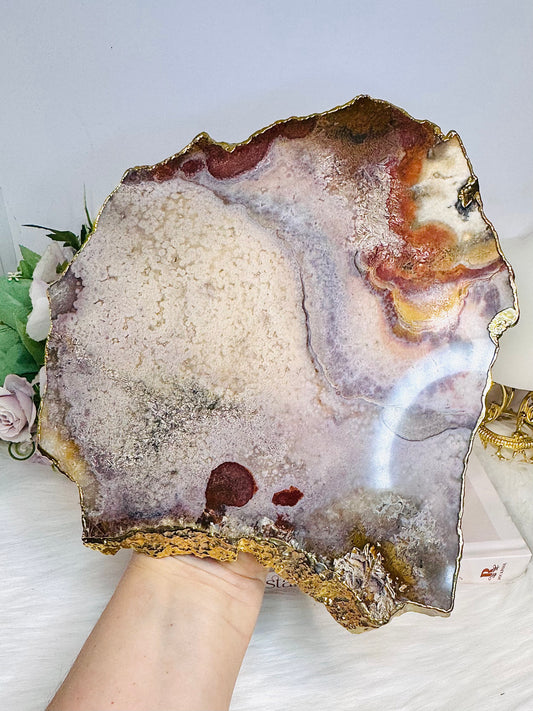 A Collectors Piece ~ High Grade Natural Pink Amethyst Druzy Slice | Slab with Gold Plating on Stand 24cm 689g