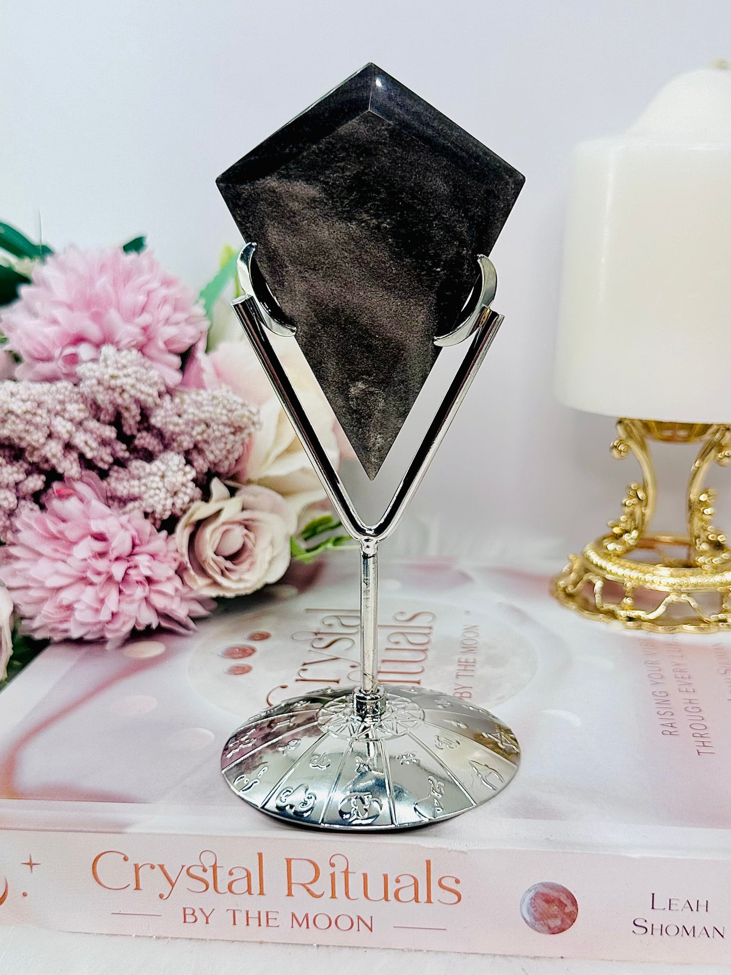 A Stone Of Clarity ~ Beautiful Silver Obsidian Diamond Carving on Silver Stand 15.5cm