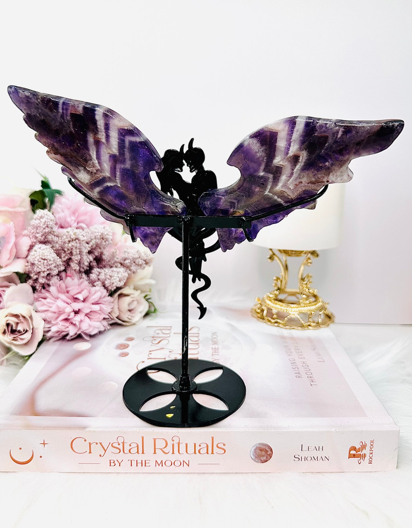 Absolutely Stunning Dream | Chevron Amethyst Carved Wings on Black Devil Stand 19cm Tall