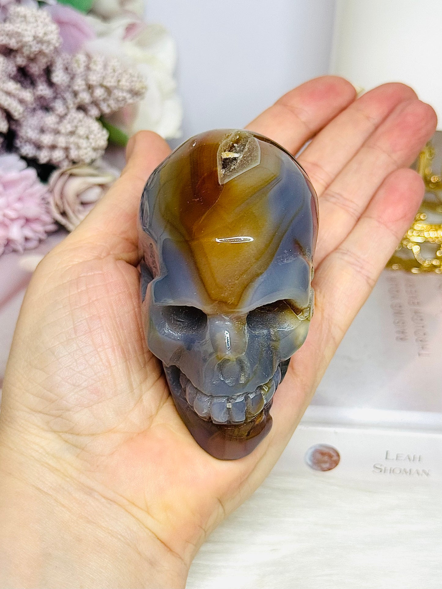 Blue Druzy Agate Carved Skull 9cm 316g