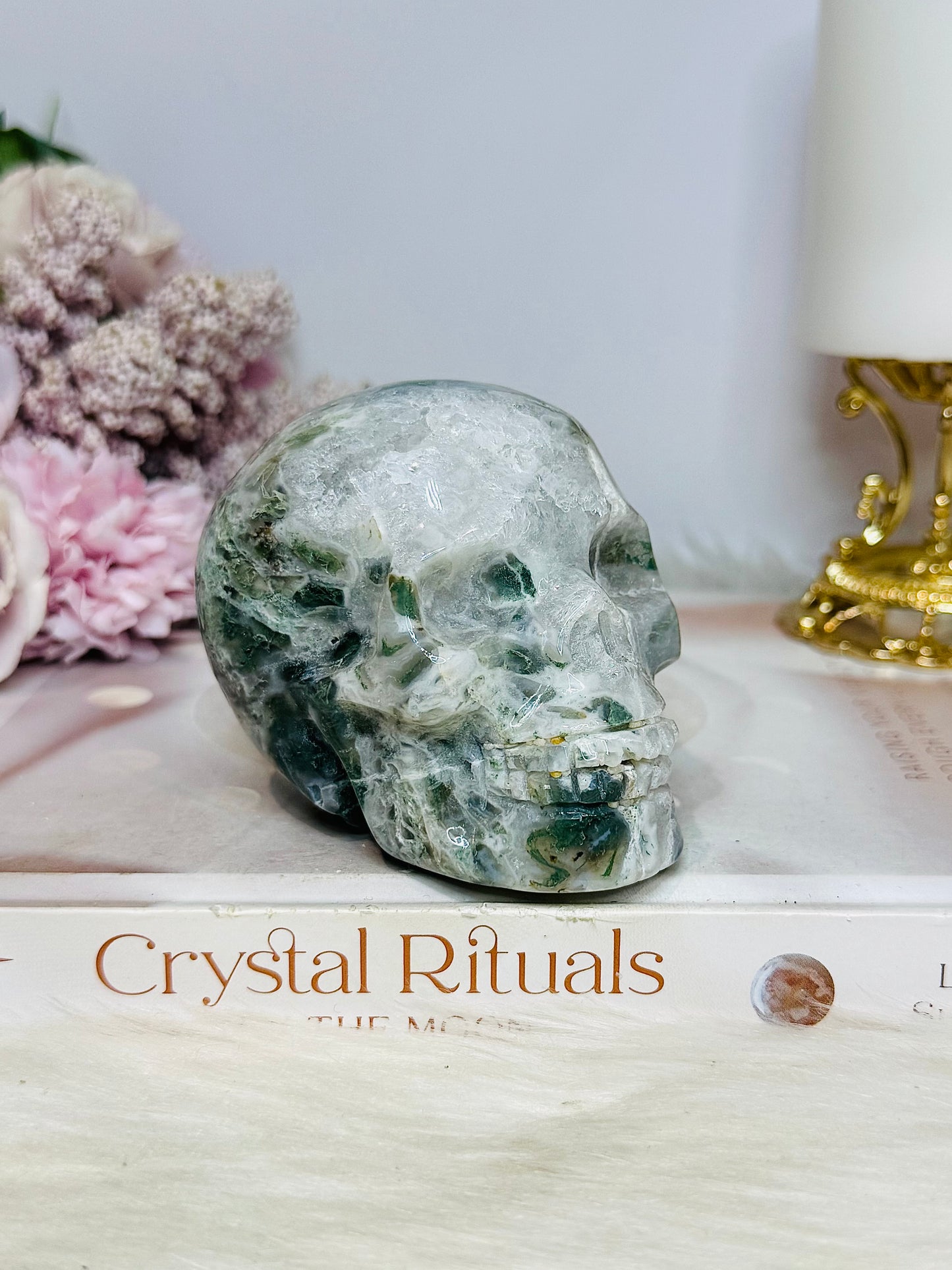 Large Moss Agate Carved Skull 9cm 452g