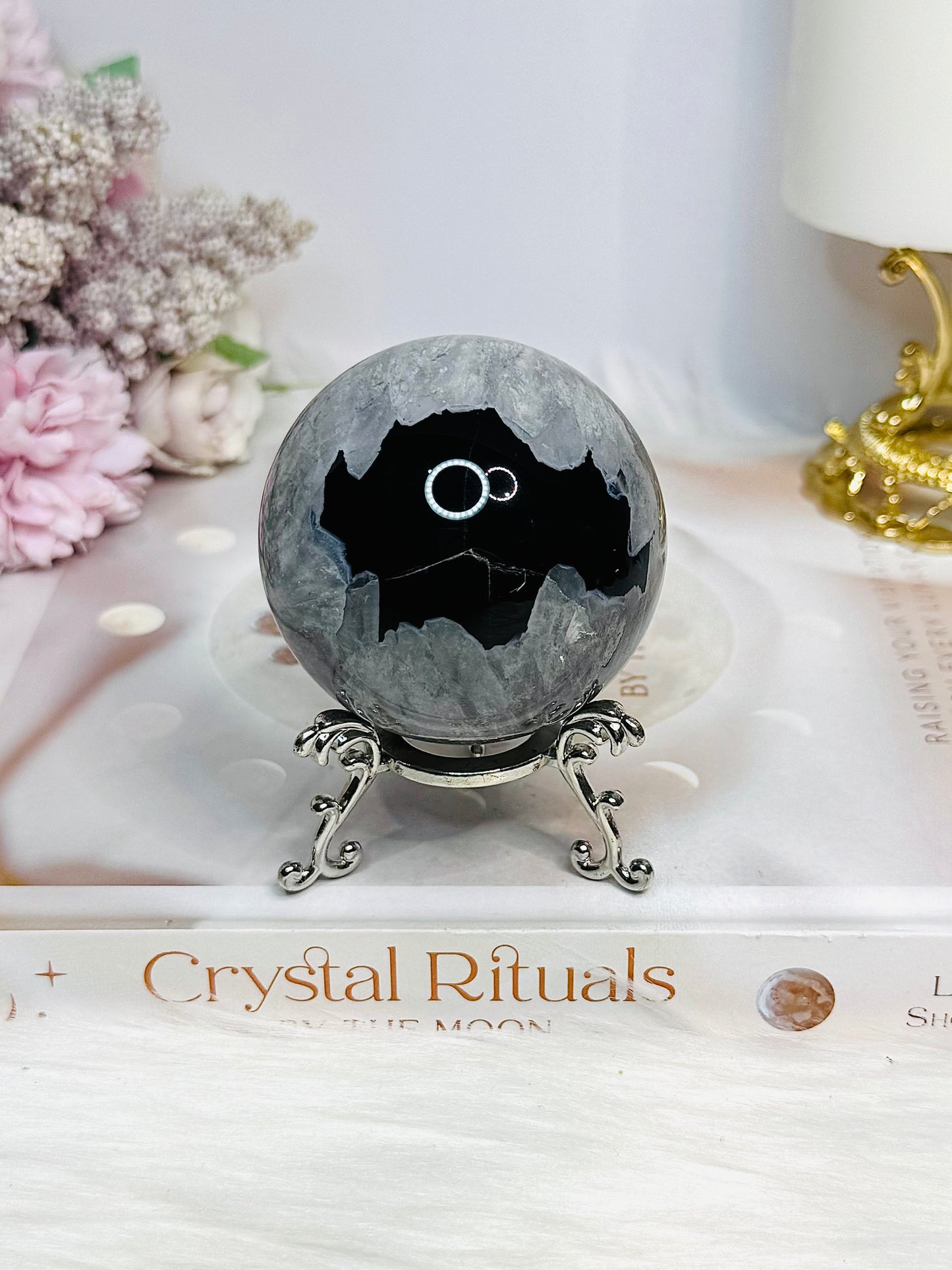 Black Agate Sphere on Stand 267g