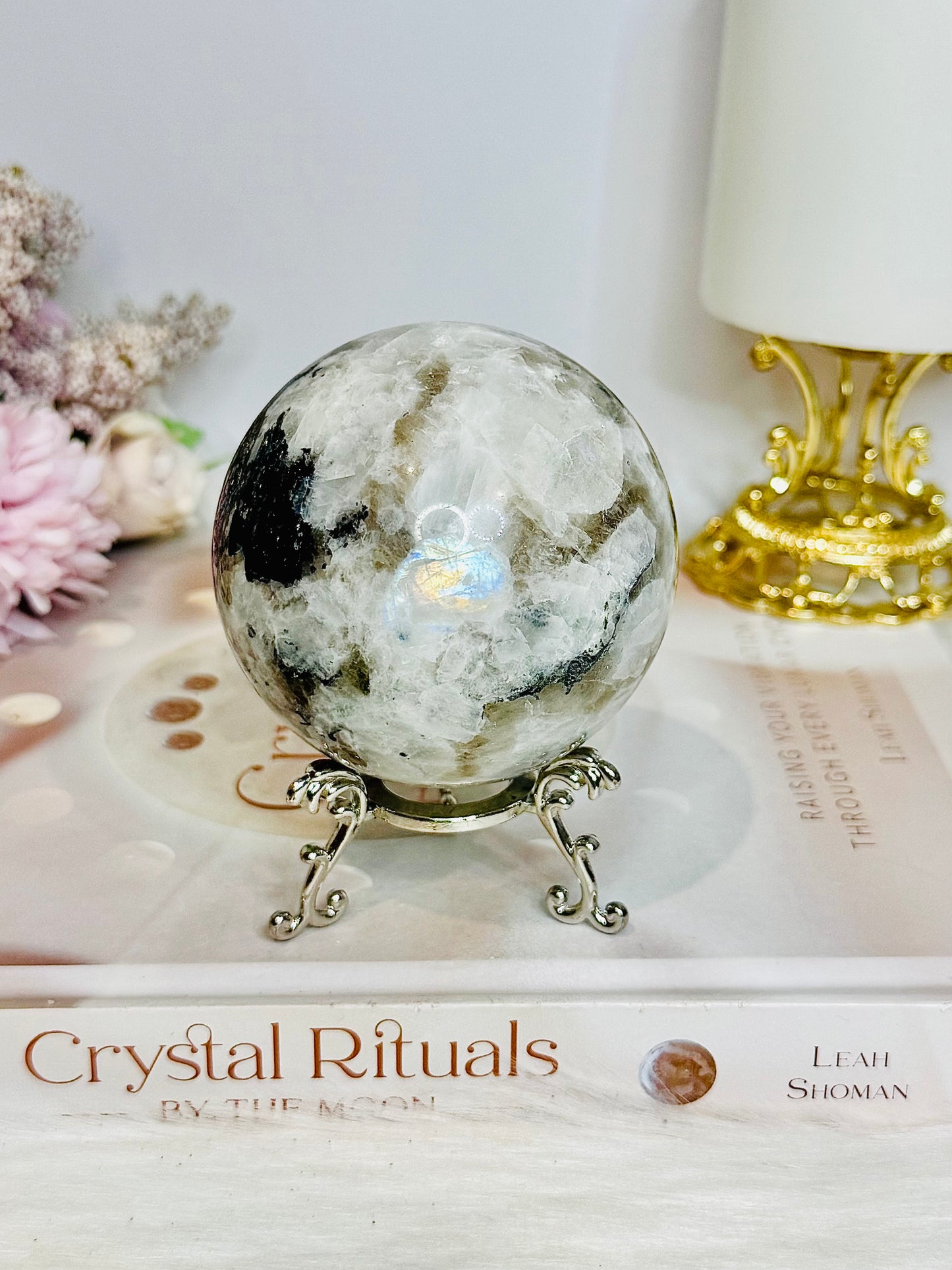 Large Rainbow Moonstone Sphere with Blue Flash 464g