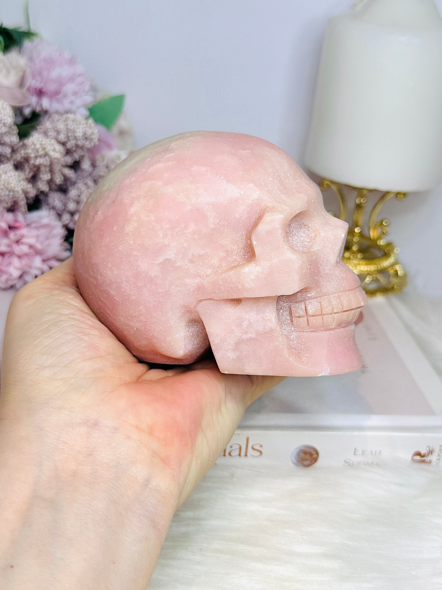 Large Pink Opal Carved Skull 10cm 828g
