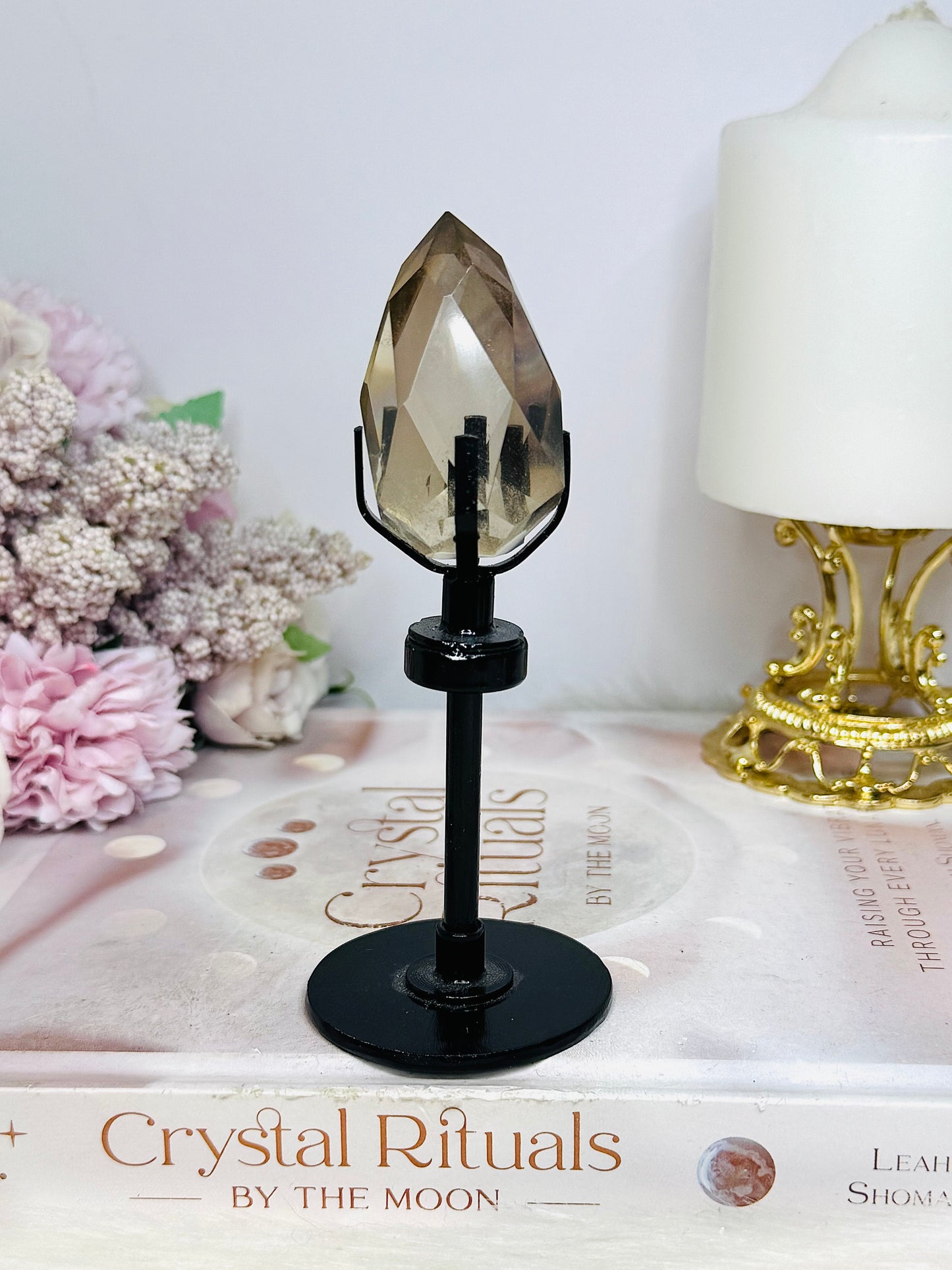 High Grade Smokey Quartz Carved Diamond on Stand