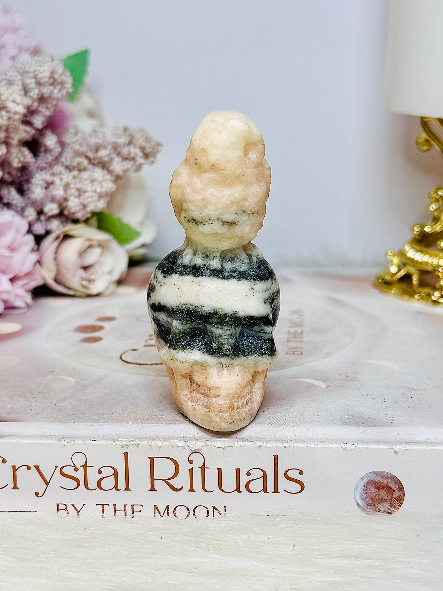 Pink Zebra Jasper Skull with Owl 7.5cm