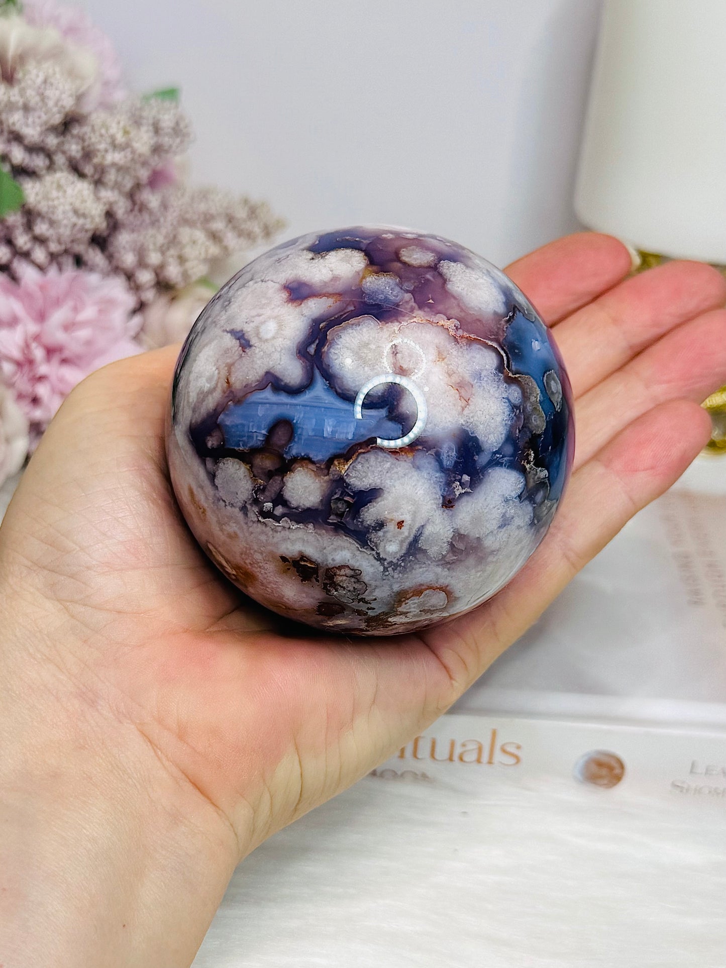 Large Blue Flower Agate | Cherry Blossom Druzy Sphere on Stand 482g