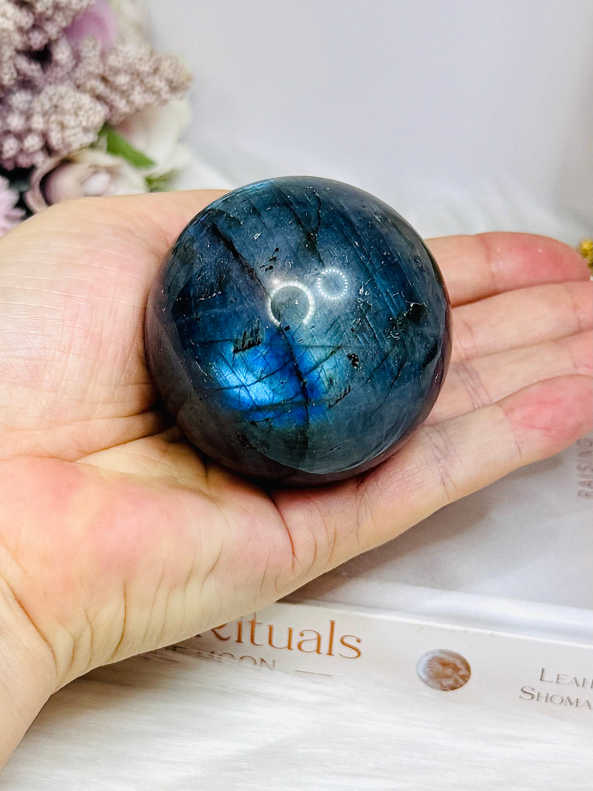 Large Blue Flash Labradorite Sphere On Stand 277g