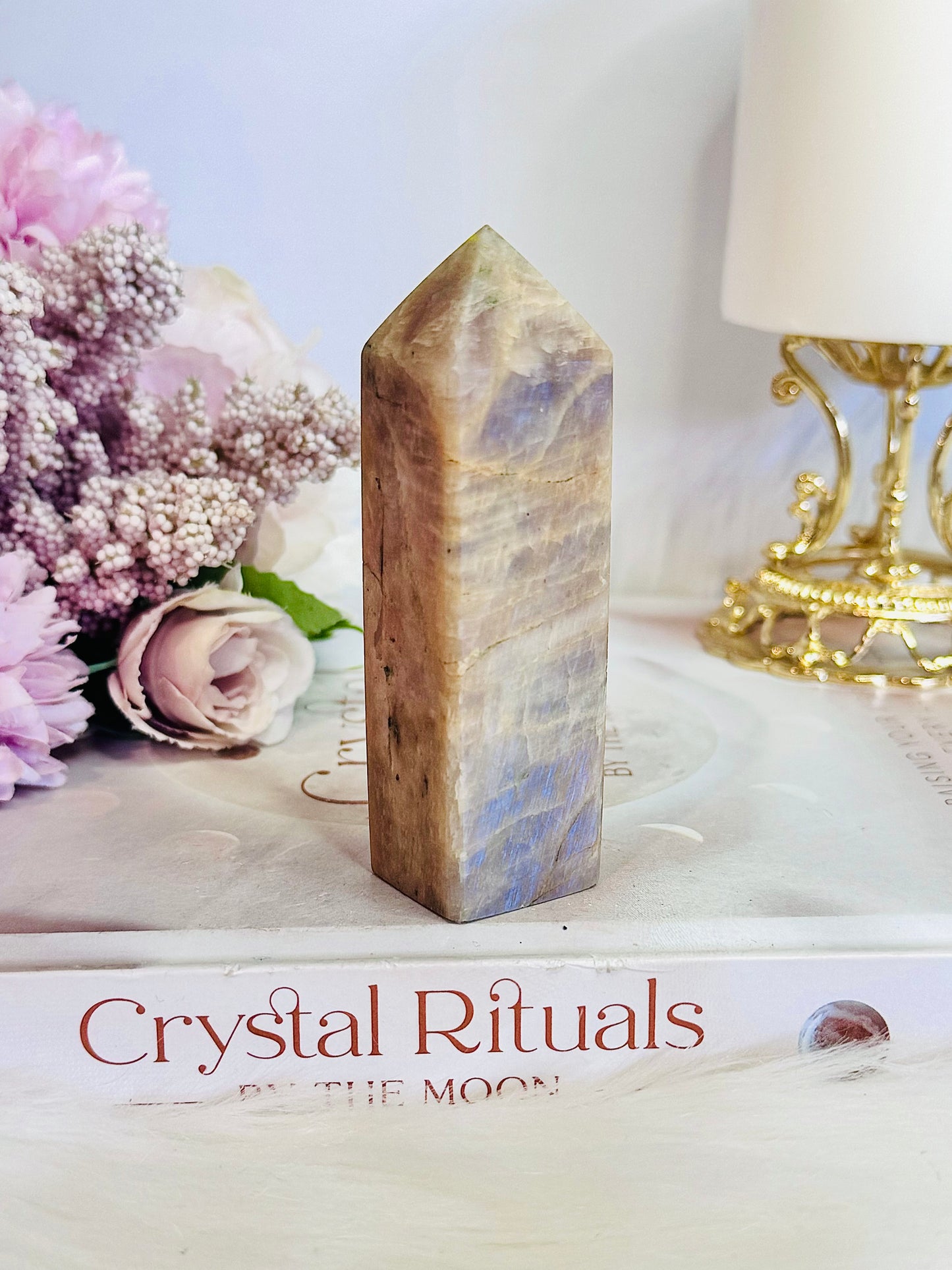 Chunky 9cm Moonstone Tower with Blue Flash