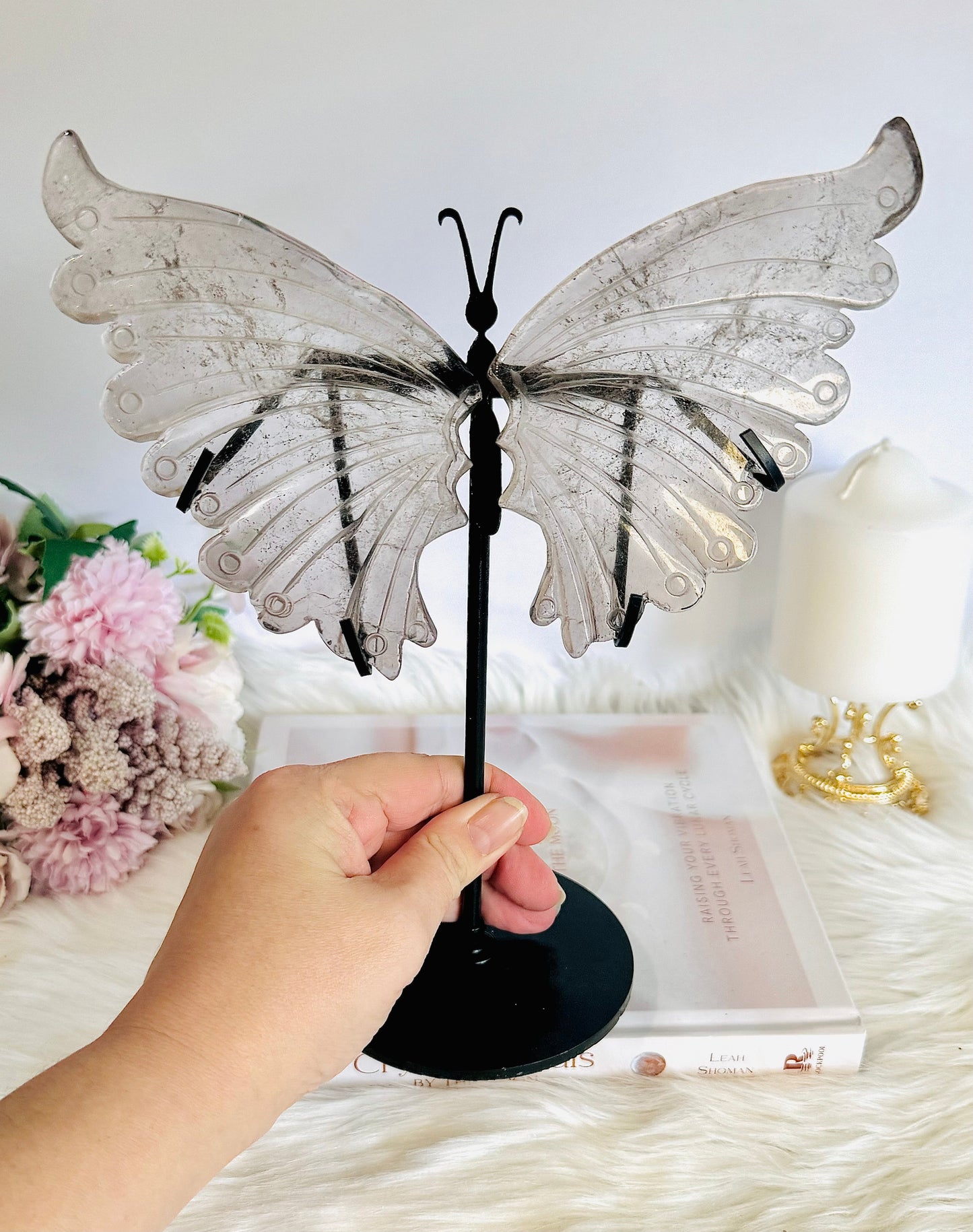 Large 24cm (inc stand) Smokey Quartz Butterfly Wings On Stand from Brazil