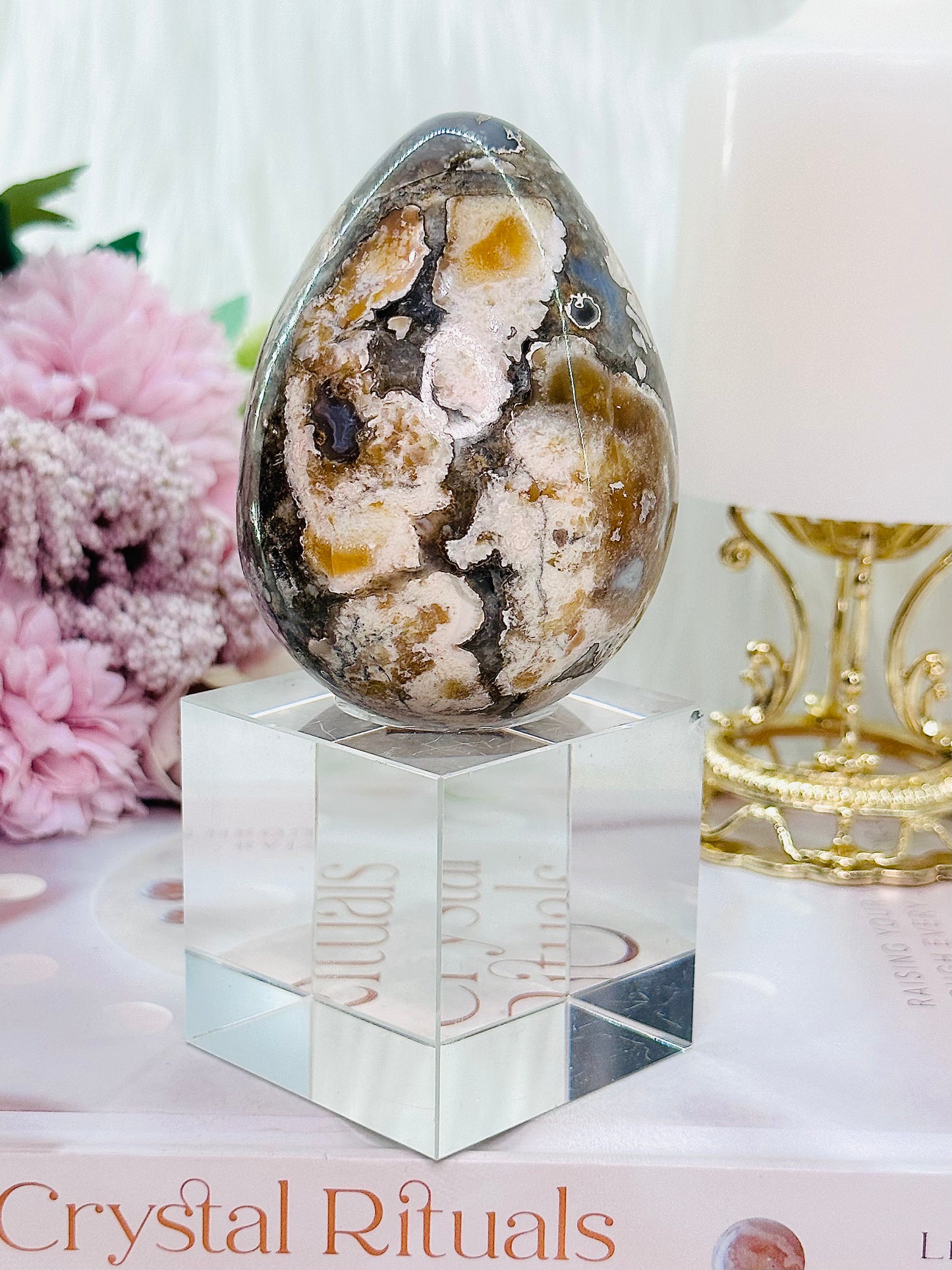 Absolutely Gorgeous Flower Agate Carved Egg 332grams On Stand (Glass stand in pic is display only)
