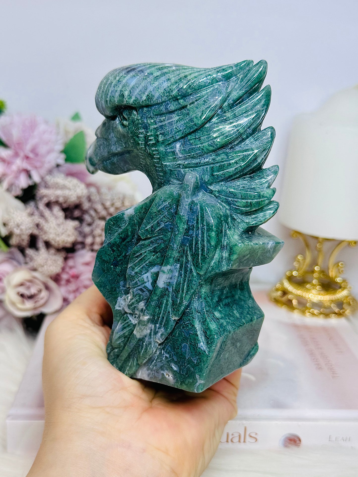 Large Perfectly Carved Moss Agate Eagle 633g 13cm