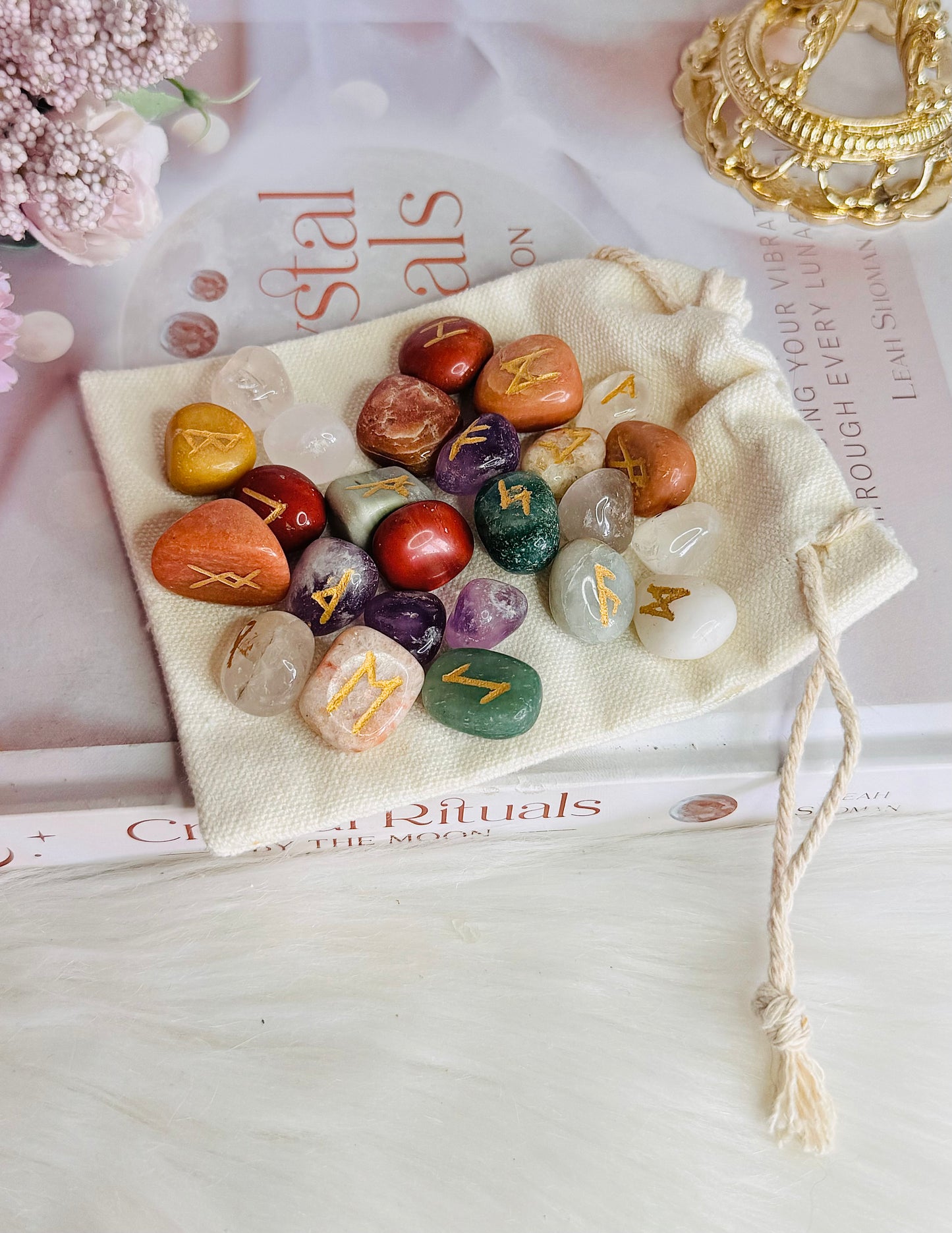 Crystal Rune Set Mixed Stones In Canvas Bag