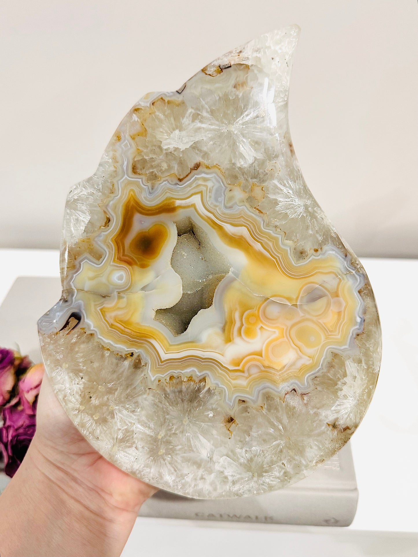 Spectacular Huge Chunky 1.8KG Druzy Agate Carved Flame On Custom Made Stand From Brazil