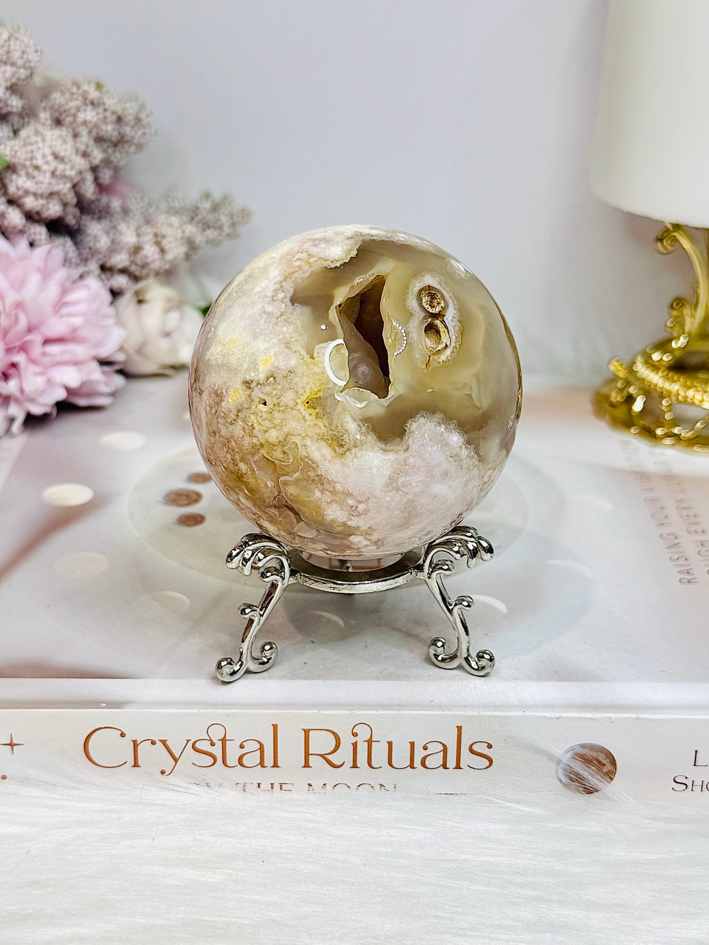 Druzy Flower Agate Sphere on Stand 301g