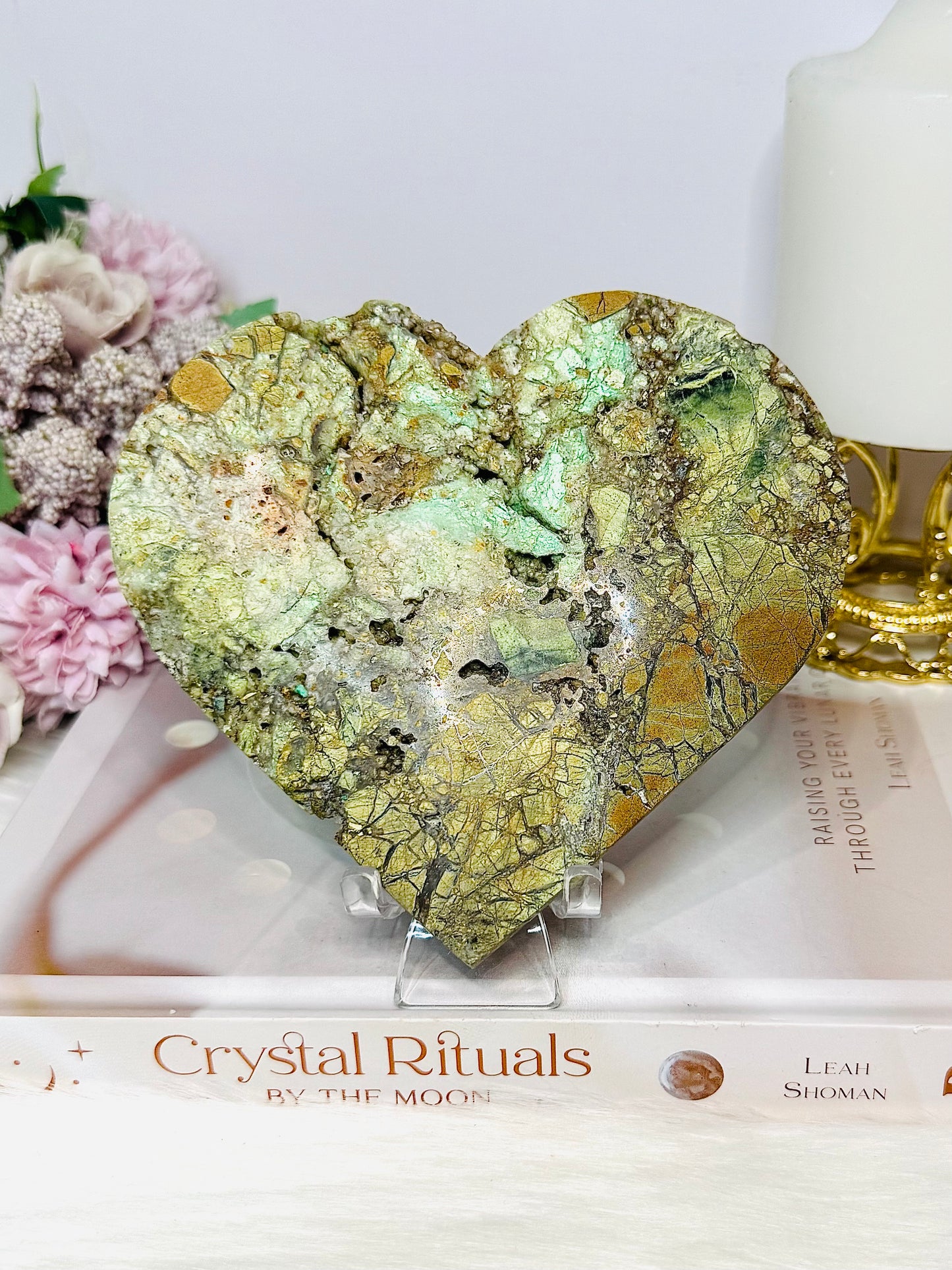 Large Natural Variscite Carved Heart on Stand 12cm