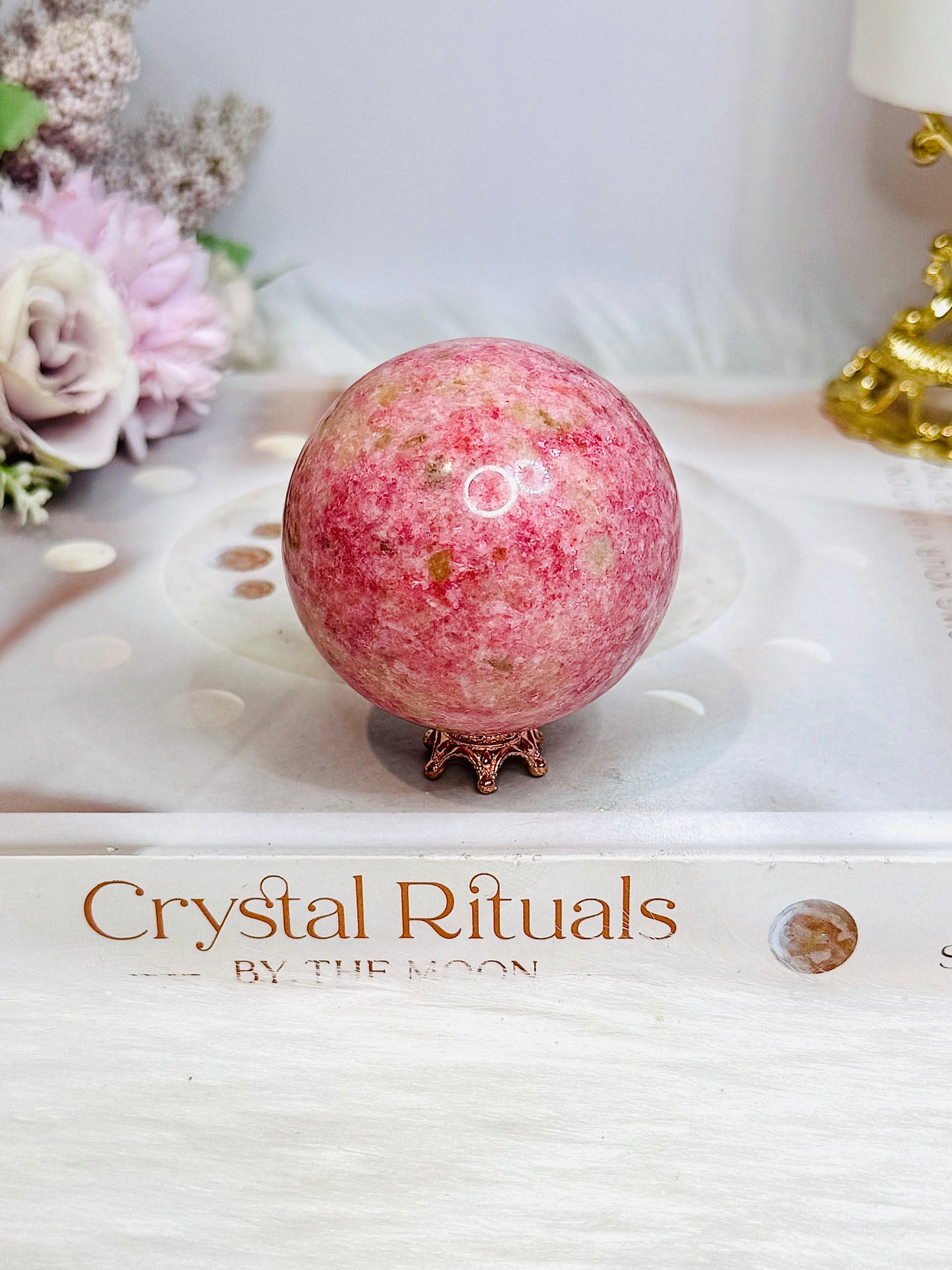 Thulite Sphere with Epidote 207g On Stand