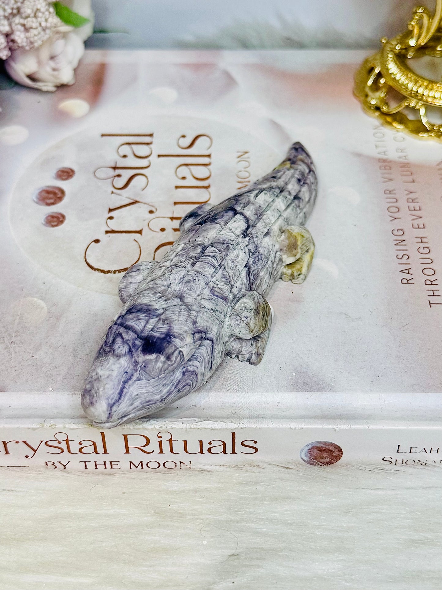 Carved Tiffany Stone Crocodile 14cm