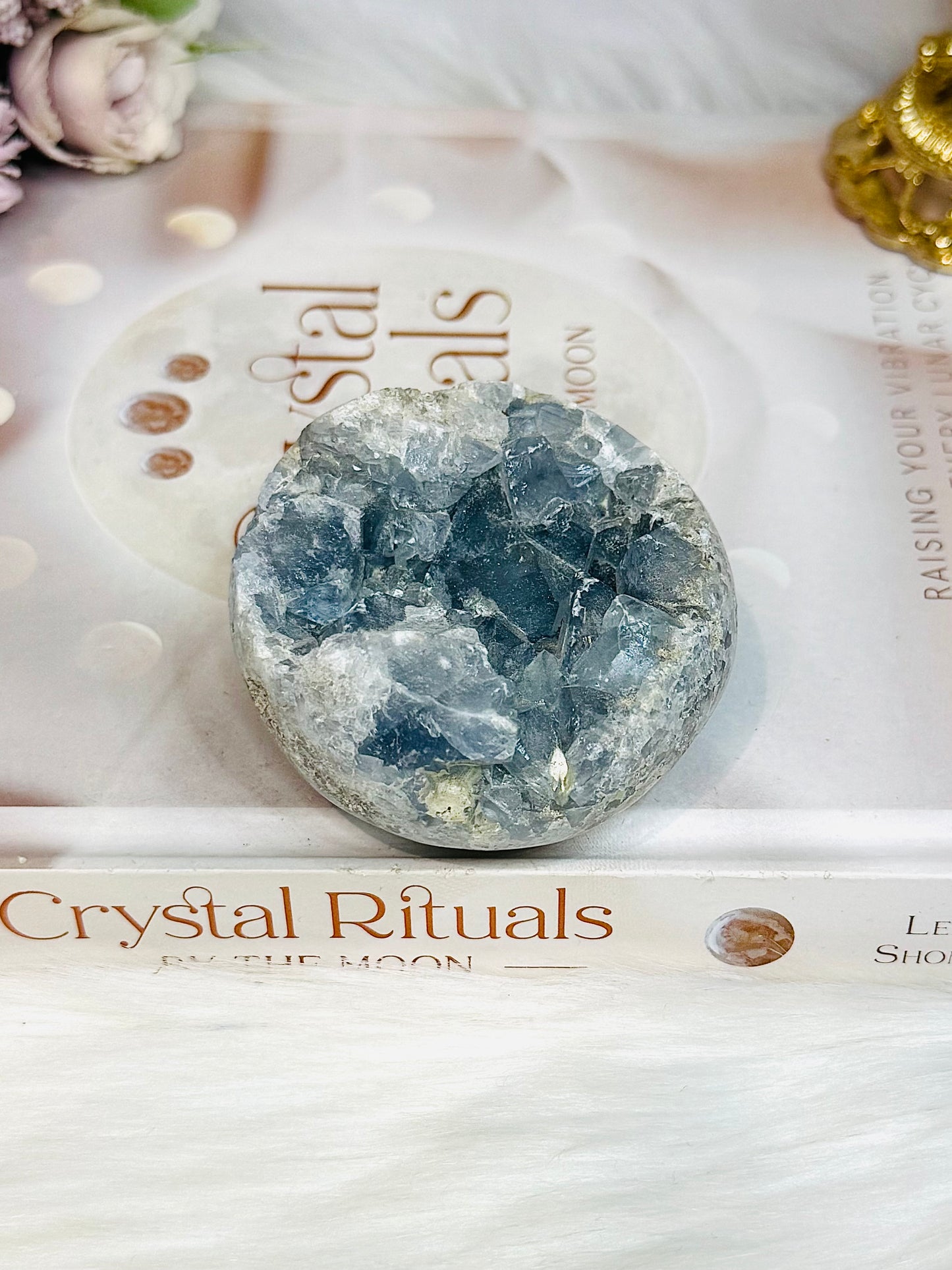 Blue Celestite Round Freeform 262g On Stand