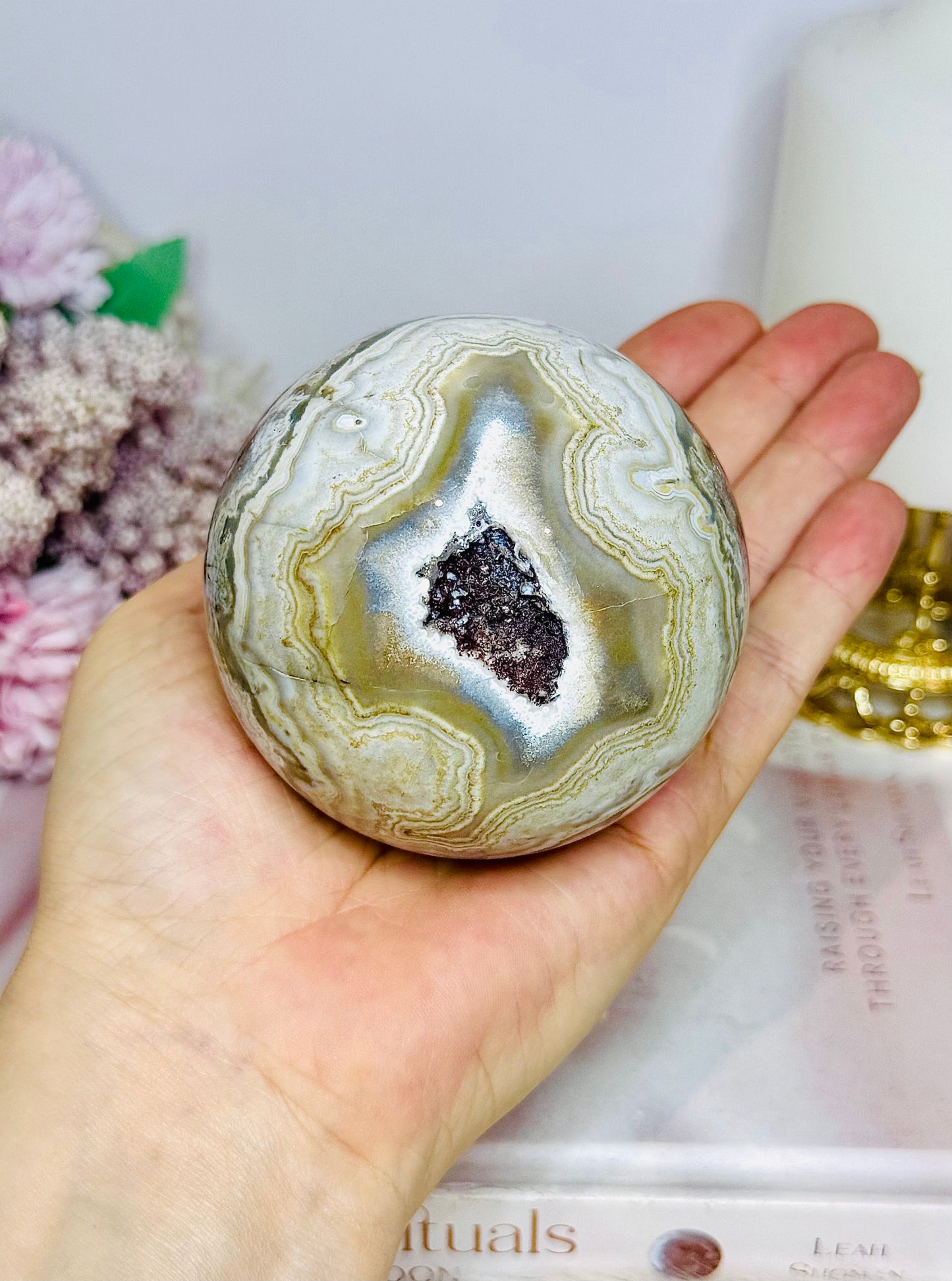 Large Mexican Crazy Lace Agate Druzy Sphere On Stand 552grams