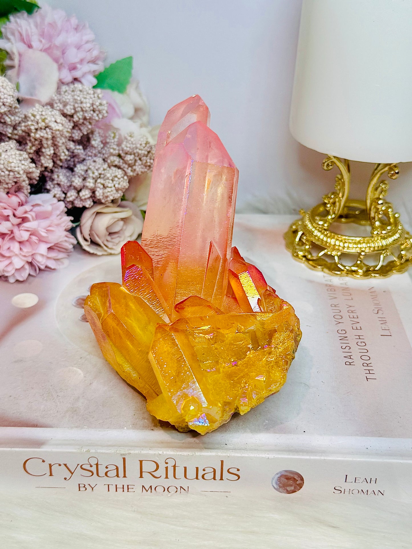 Orange & Pink Coated Angel Aura Quartz Cluster 424g