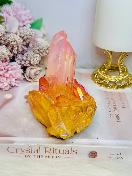 Orange & Pink Coated Angel Aura Quartz Cluster 424g