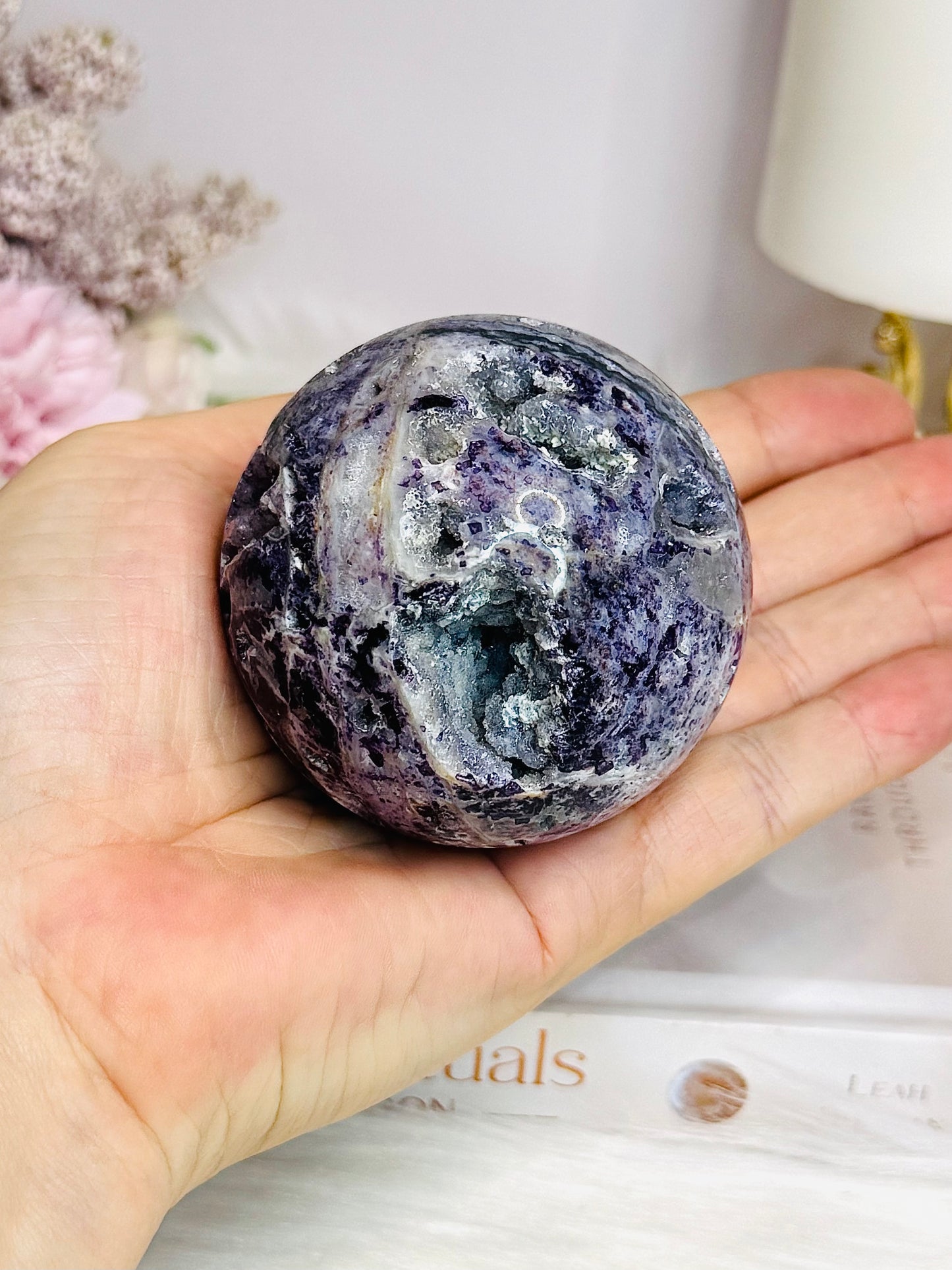Natural Purple Fluorite X Sphalerite Druzy Sphere on Stand 306g