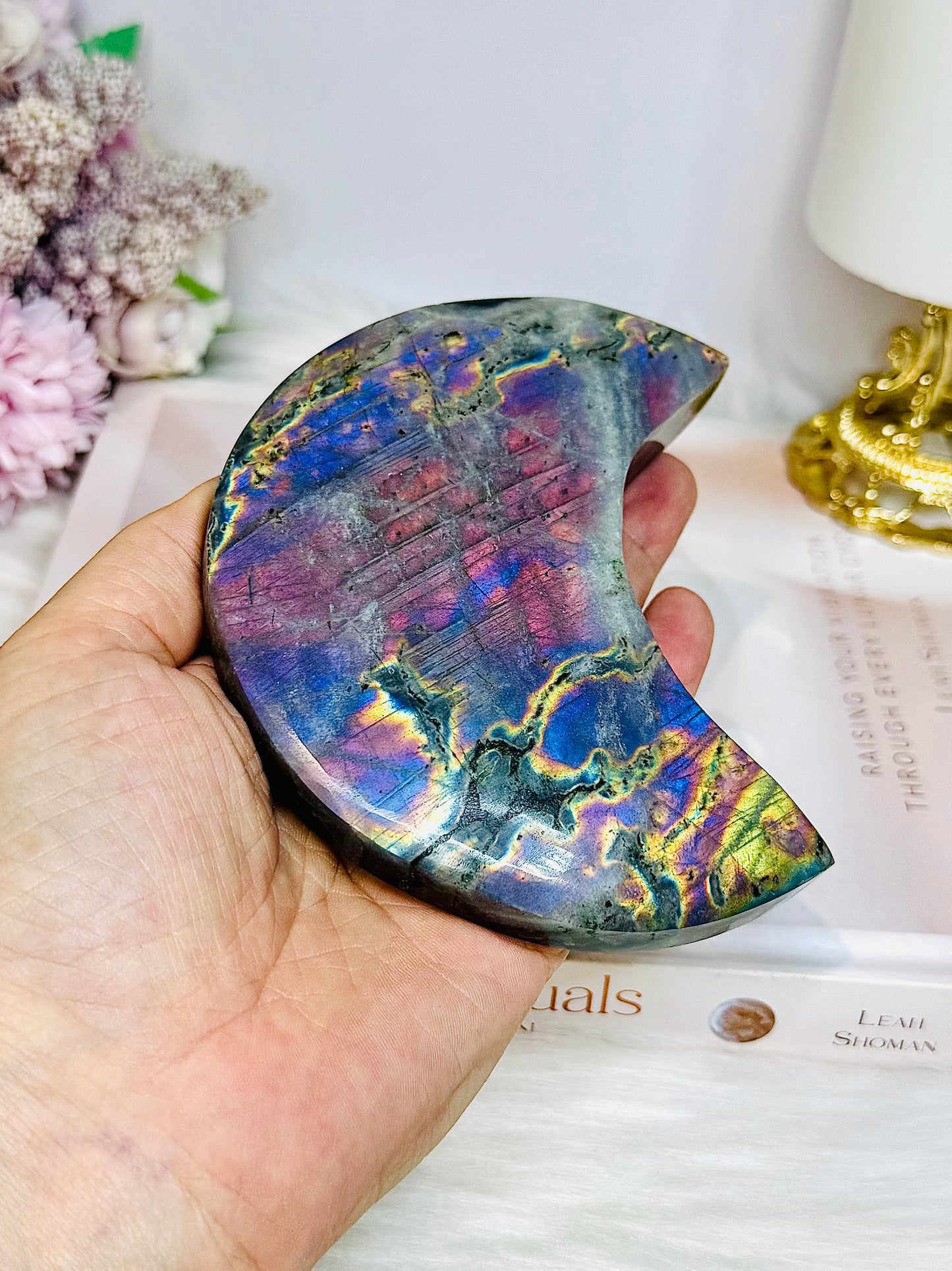High Grade Large Labradorite Carved Moon Full of Flash 18.5cm