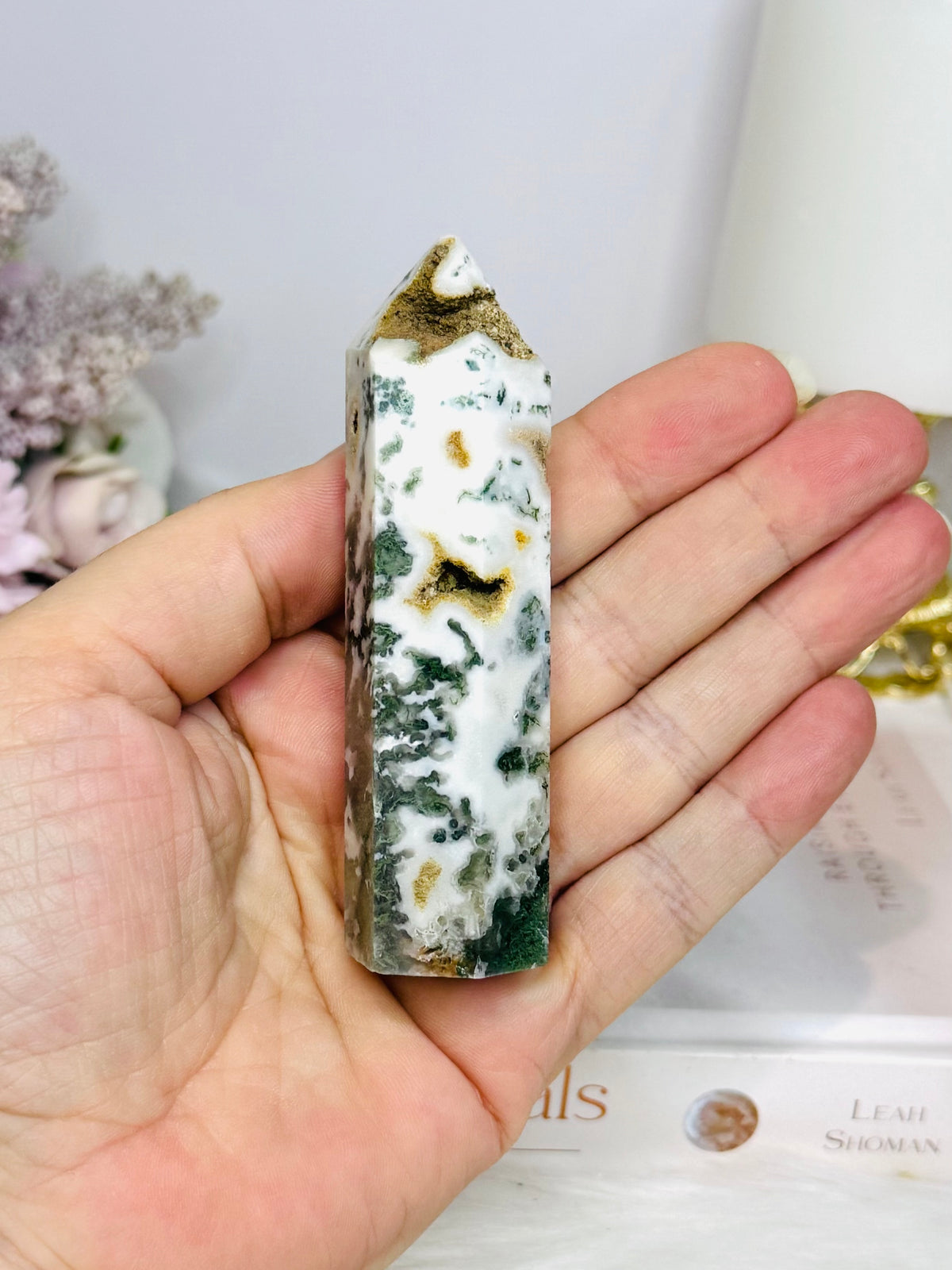 Druzy Moss Agate Tower 9cm