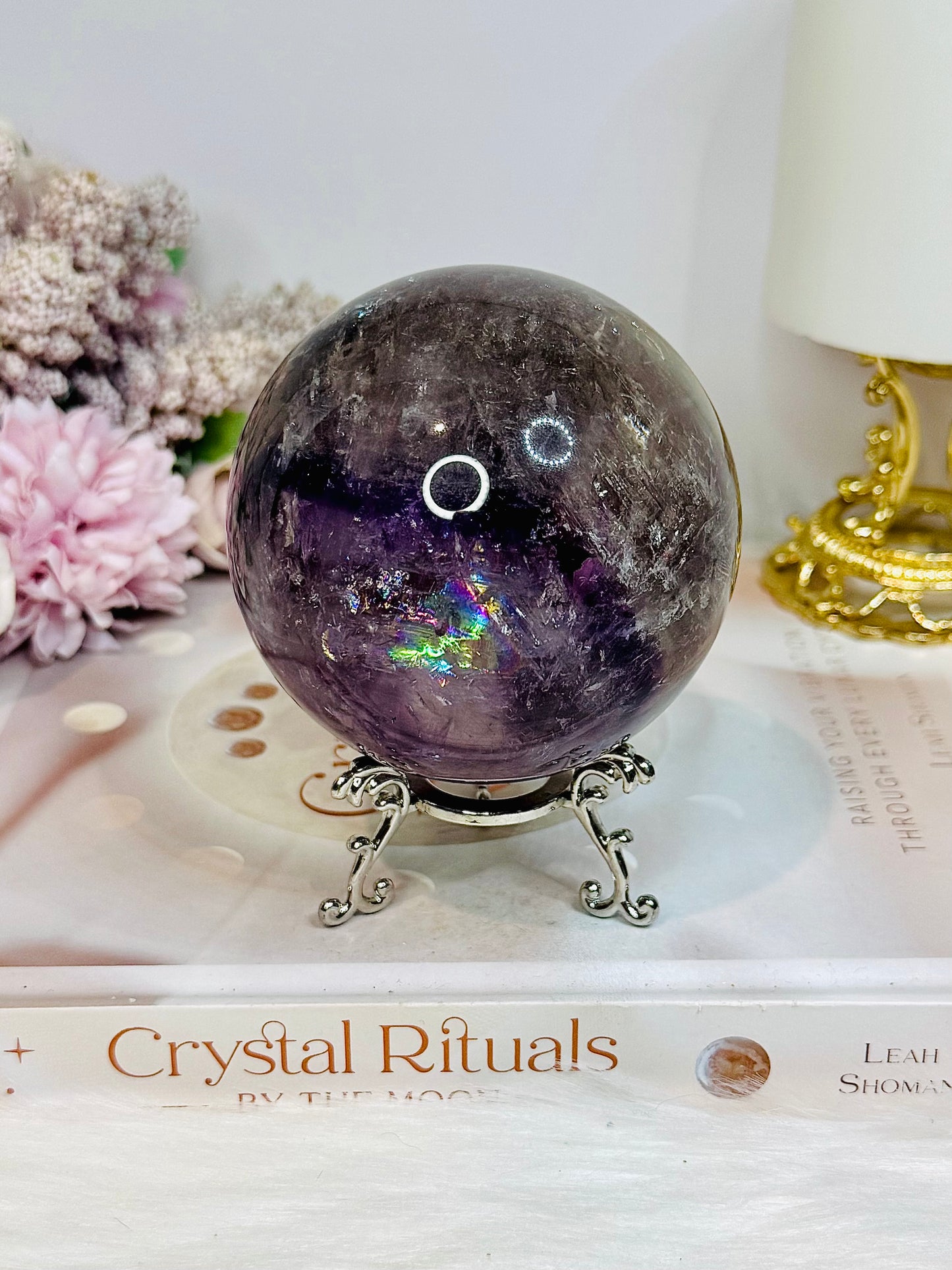Large High Grade Phantom Amethyst Sphere with Rainbows On Stand 665g