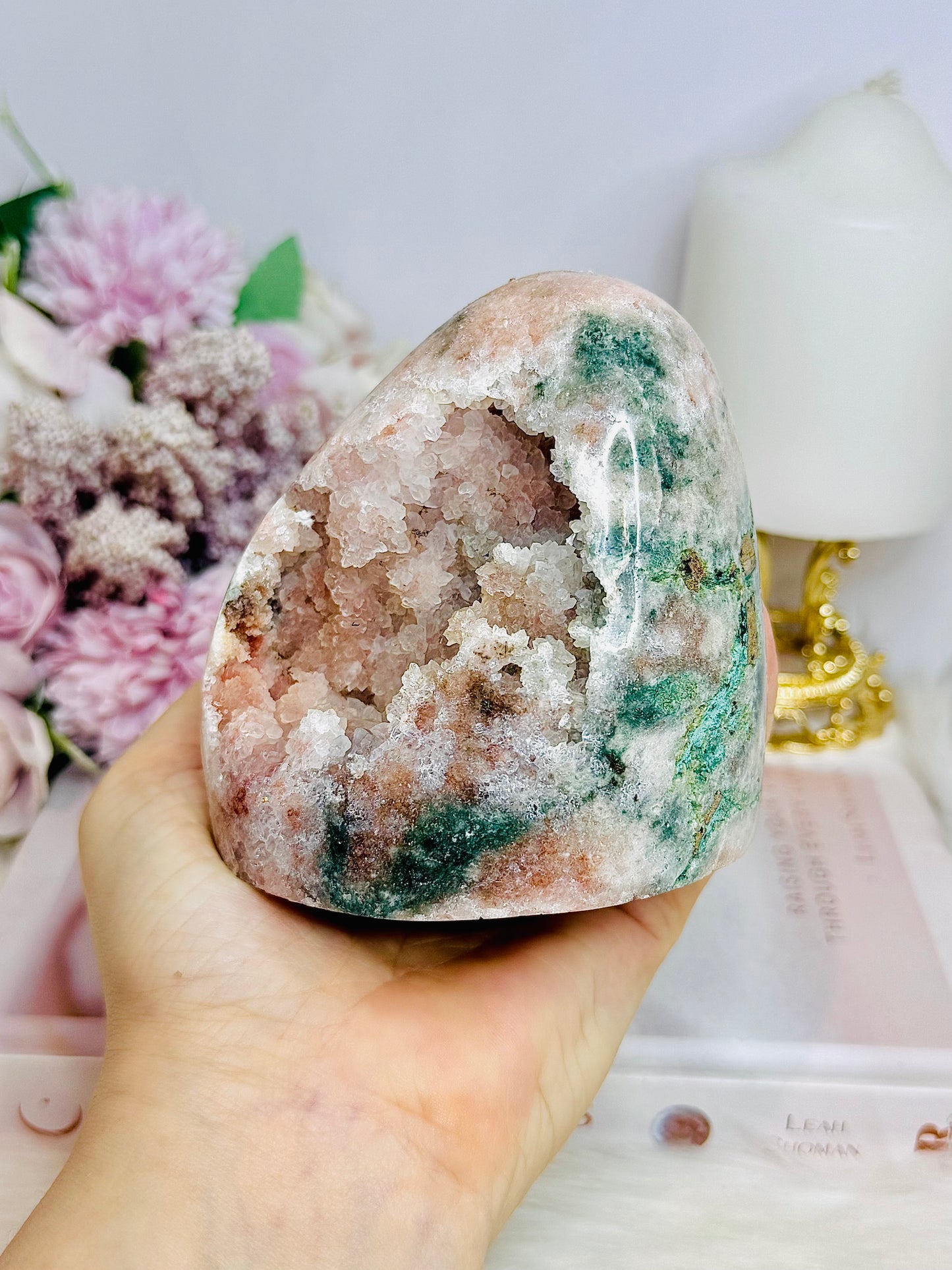 Natural Pink Amethyst Large Druzy Base Cut Cluster with Green Jasper Inclusions 673g
