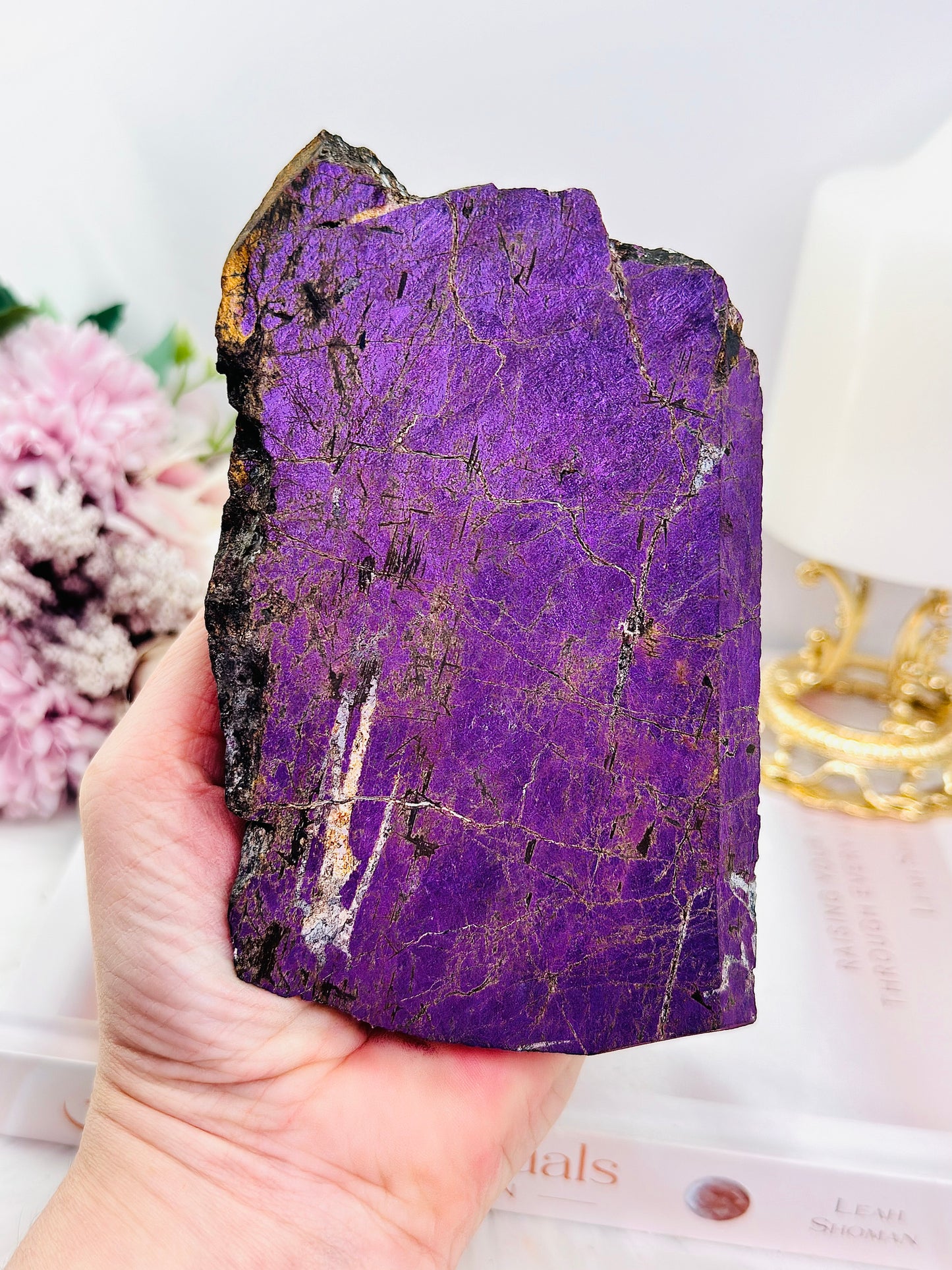 Incredible Rare Natural Velvet Purpurite Large Slab On Gold Stand 578grams