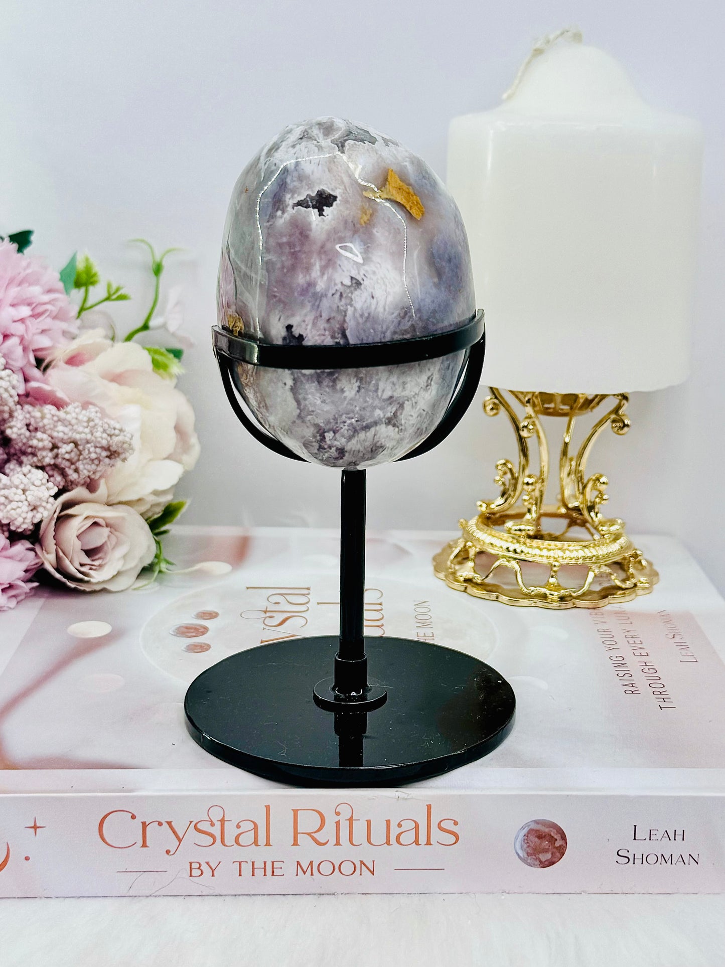 High Grade 14.5cm Druzy Pink Amethyst Freeform | Egg On Stand 558grams